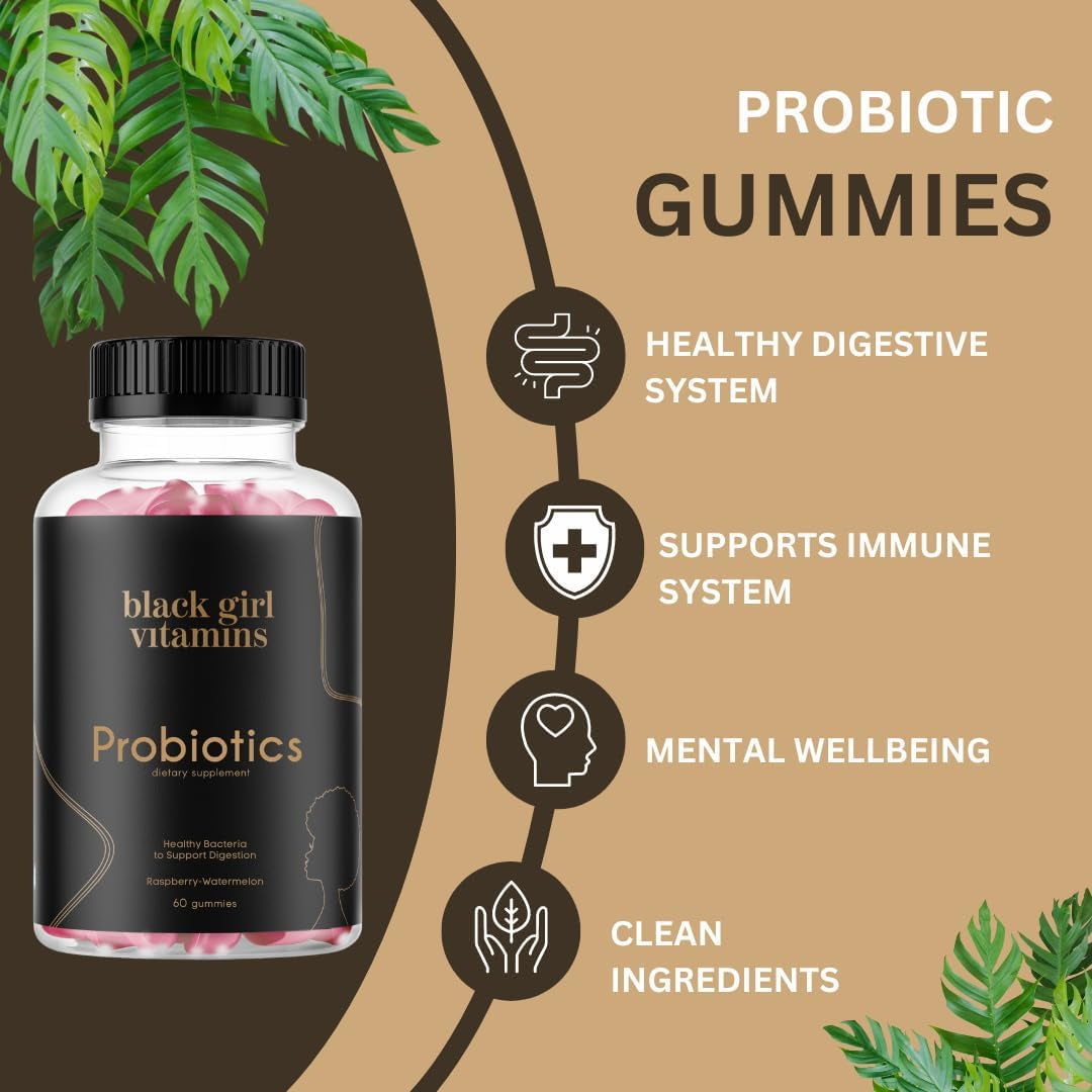 Black Girl Vitamins - Probiotic Gummies for Digestive Health and Immune Support, Gluten-Free Vitamins, (Raspberry-Watermelon), 60Ct
