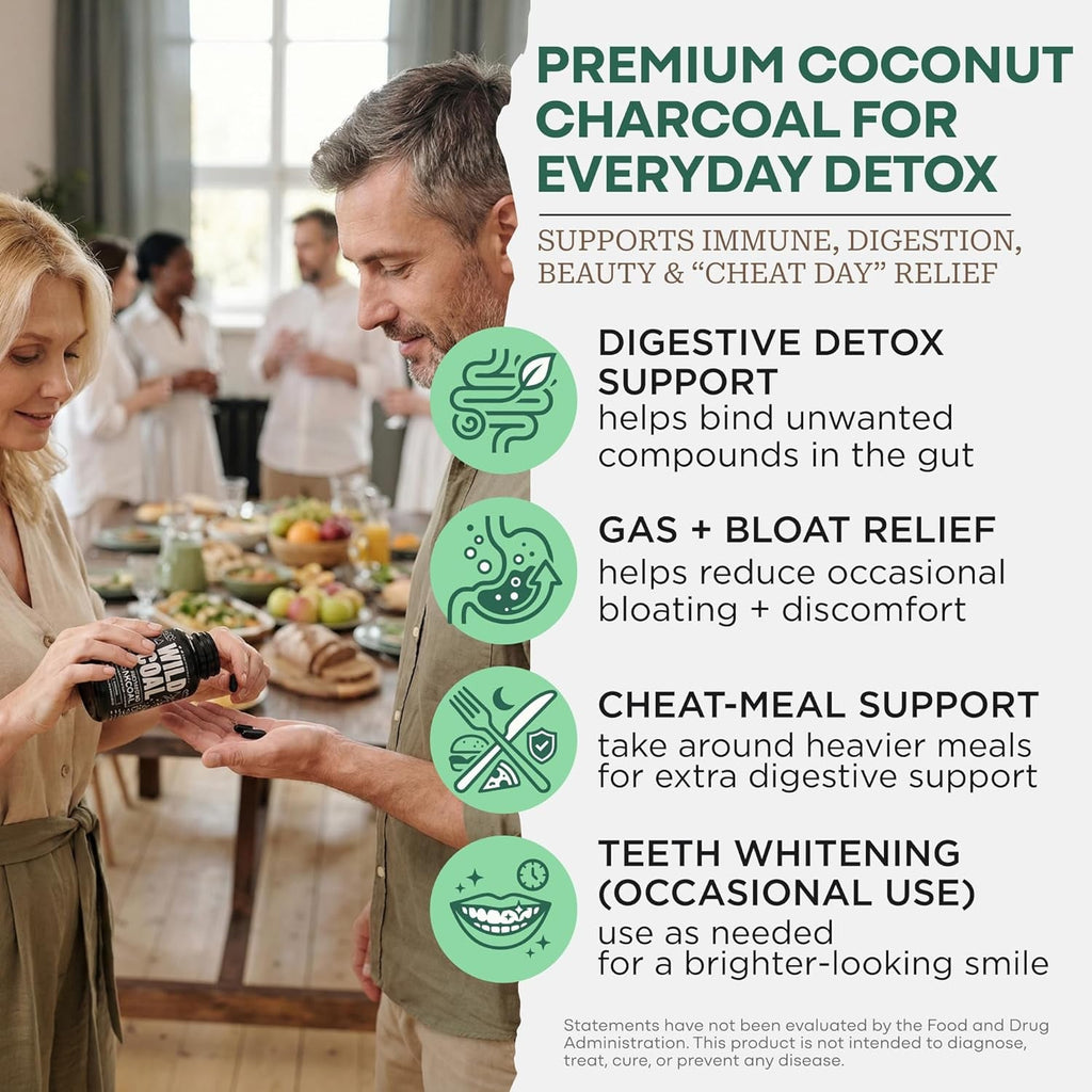 Wild Foods Activated Charcoal Capsules | 100% Organic Coconut Shells Active Tablets | Lab Tested & Non-Gmo Pills | Made in USA (120 Capsules)