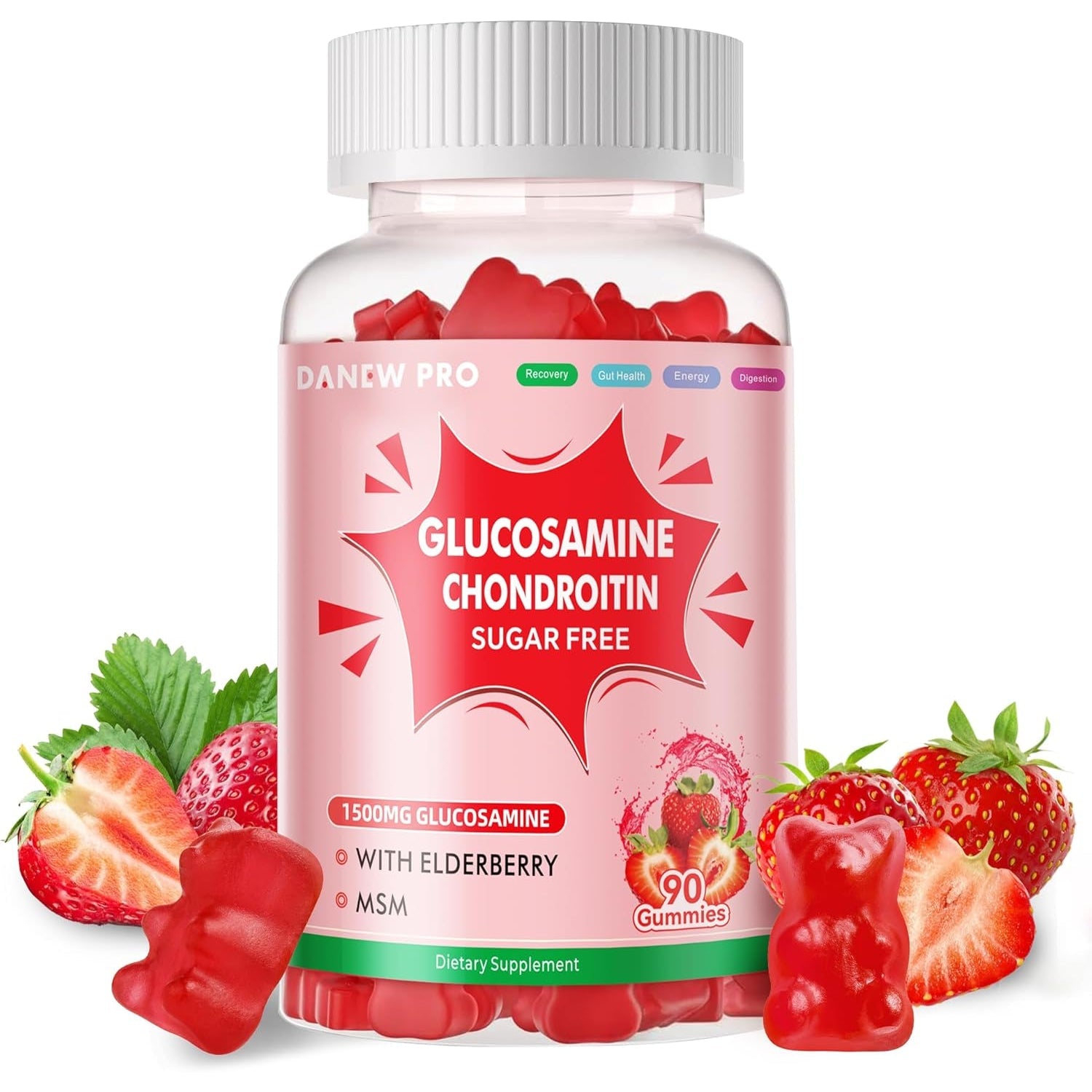 DANEW Pro Glucosamine Chondroitin Gummies with MSM & Elderberry Extra Strength - Joint Support, Antioxidant Immune Support Supplement for Adults, Men & Women.90 Strawberry Gummies