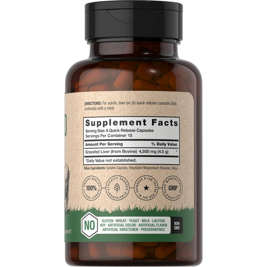 Horbäach Grass Fed Beef Liver | 4500Mg | 90 Capsules | Desiccated, Pasture Raised, Grain Free, Non-Gmo Supplement