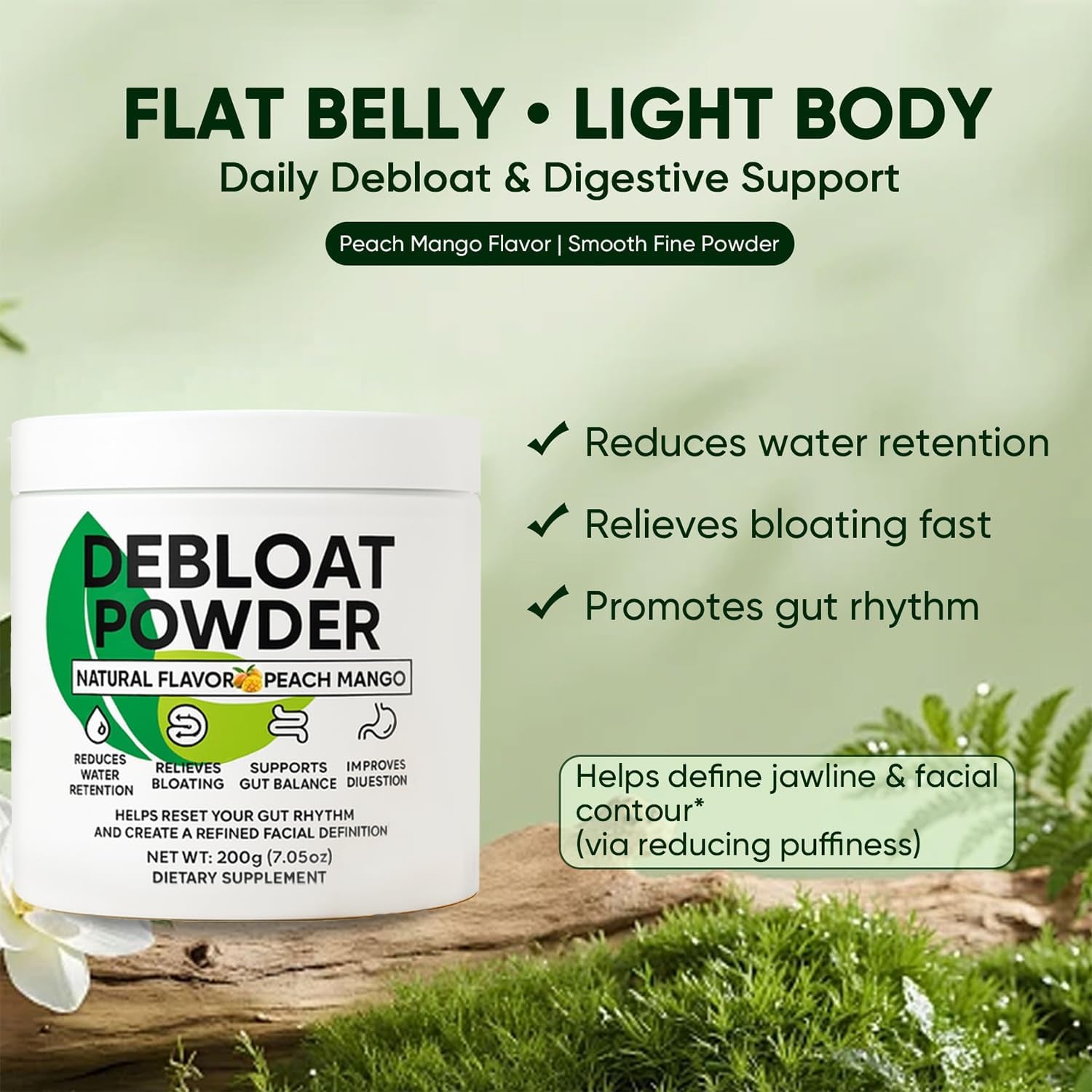 Debloat Powder, Daily Digestion & Debloating Support, Gut Balance & Water Retention Relief for Men & Women, Peach Mango Flavor, 200G / 7.05Oz