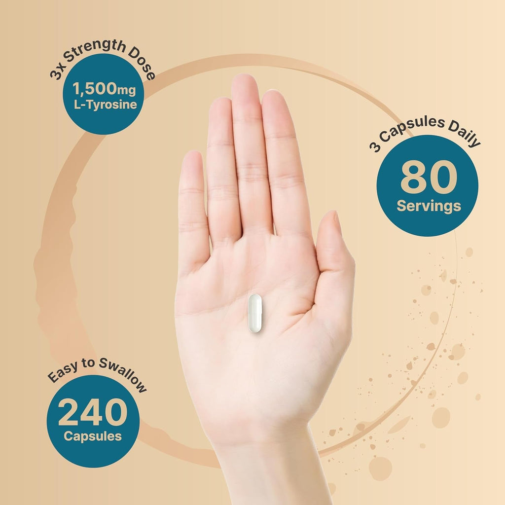 L Tyrosine Supplement, 1,500Mg per Serving, 240 Capsules | Essential Amino Acids – Brain Health Support for Memory, Cognitive Health, and Mental Alertness – Non-Gmo