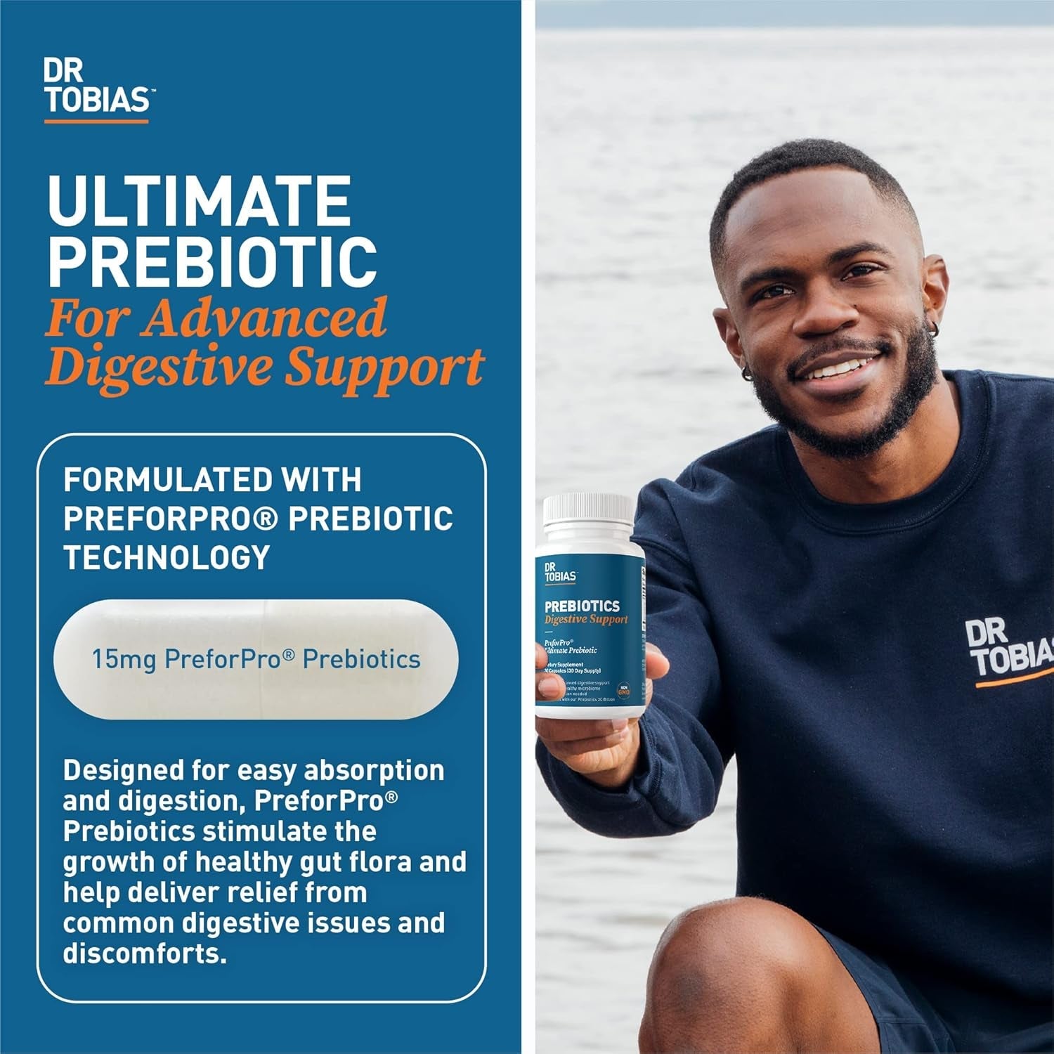 Dr. Tobias Prebiotics, Supports Digestion & Gut Health, Feed Good Probiotic Bacteria, Boost Gut Immune Function, Vegan & Non-Gmo Gut Health Supplements for Men and Women, 30 Capsules, 30 Servings