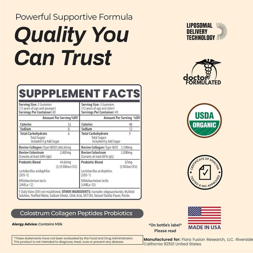 Colostrum Gummies I Collagen Peptides I Probiotics 5000+ Mg W/ 60% Igg I Immunity Support & Gut Health - Liposmal Technology - U.S. Sourced Superfood - Grass-Fed Bovine - 120 Gummies (Vanilla Flavor)