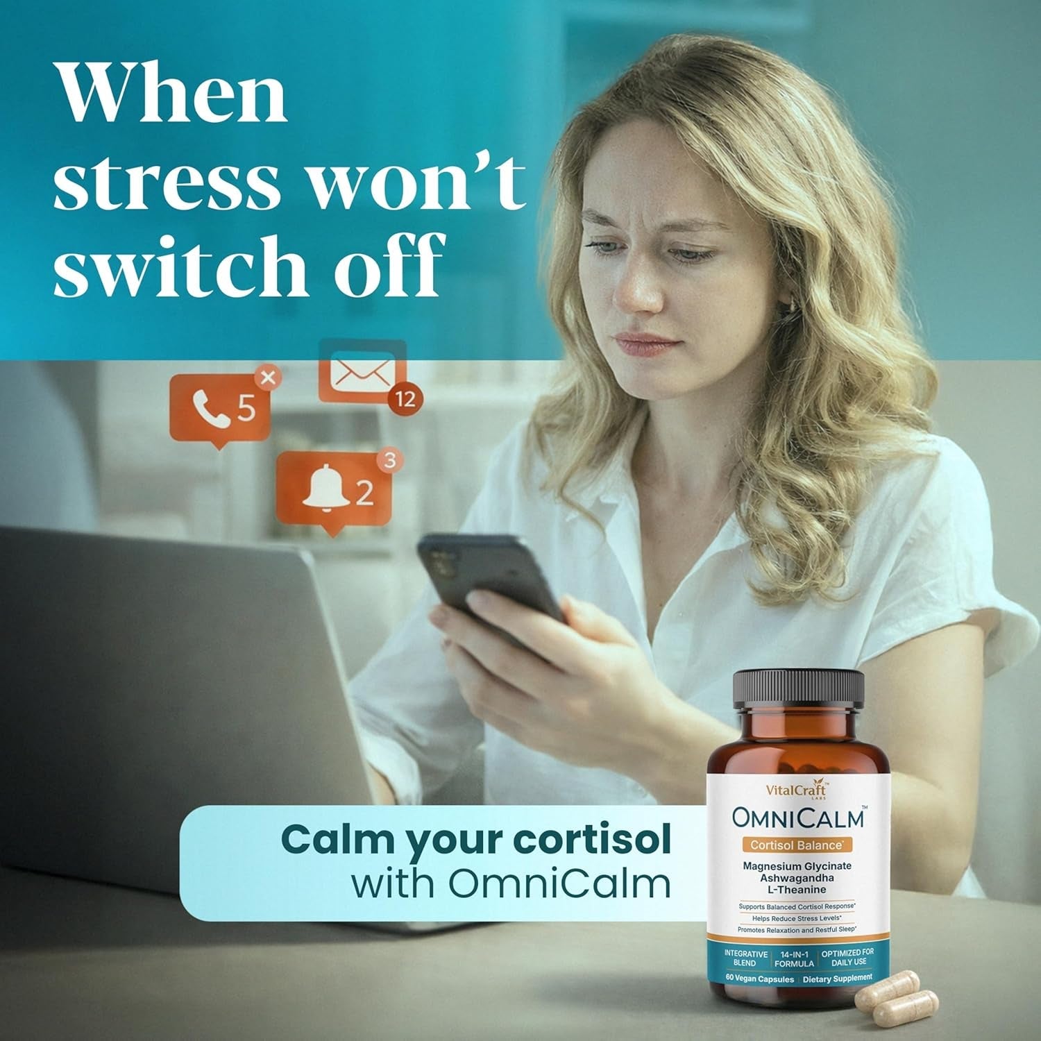 Omnicalm Cortisol Supplements for Women & Men | Cortisol Reducer & Manager with Sensoril Ashwagandha, Suntheanine L-Theanine, Magnesium Glycinate | Physician-Formulated 14-In-1 Stress Relief - USA