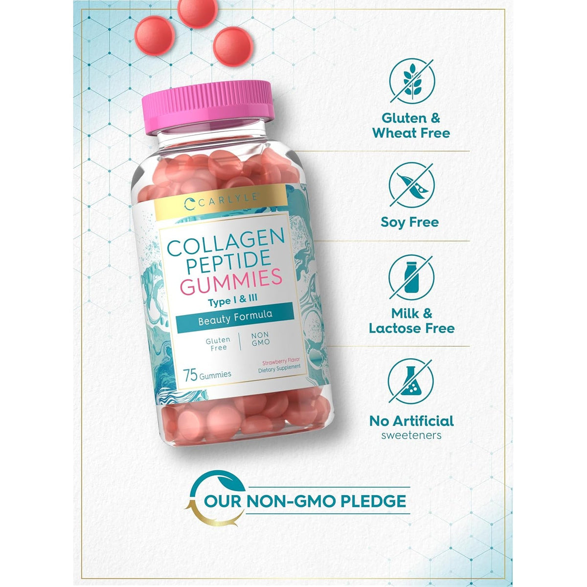 Carlyle Collagen Gummies | Strawberry Flavor Beauty Supplement | Collagen Peptides for Women & Men | Type 1 & 3 | Non-Gmo, Gluten Free