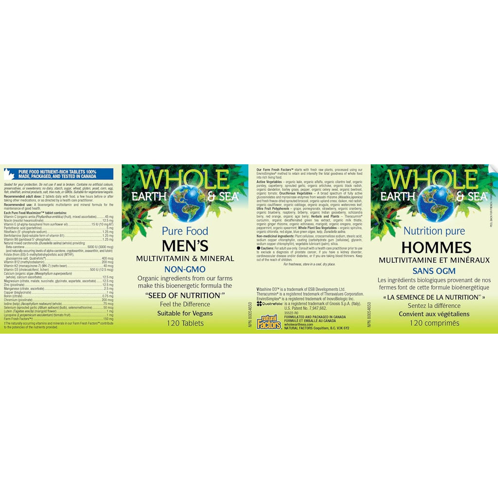 Natural Factors Whole Earth & Sea Men'S Multivitamin & Mineral - Daily Health Supplement for Men under 50 - Vegan, Non-Gmo & Gluten-Free - 120 Tablets (60 Servings)