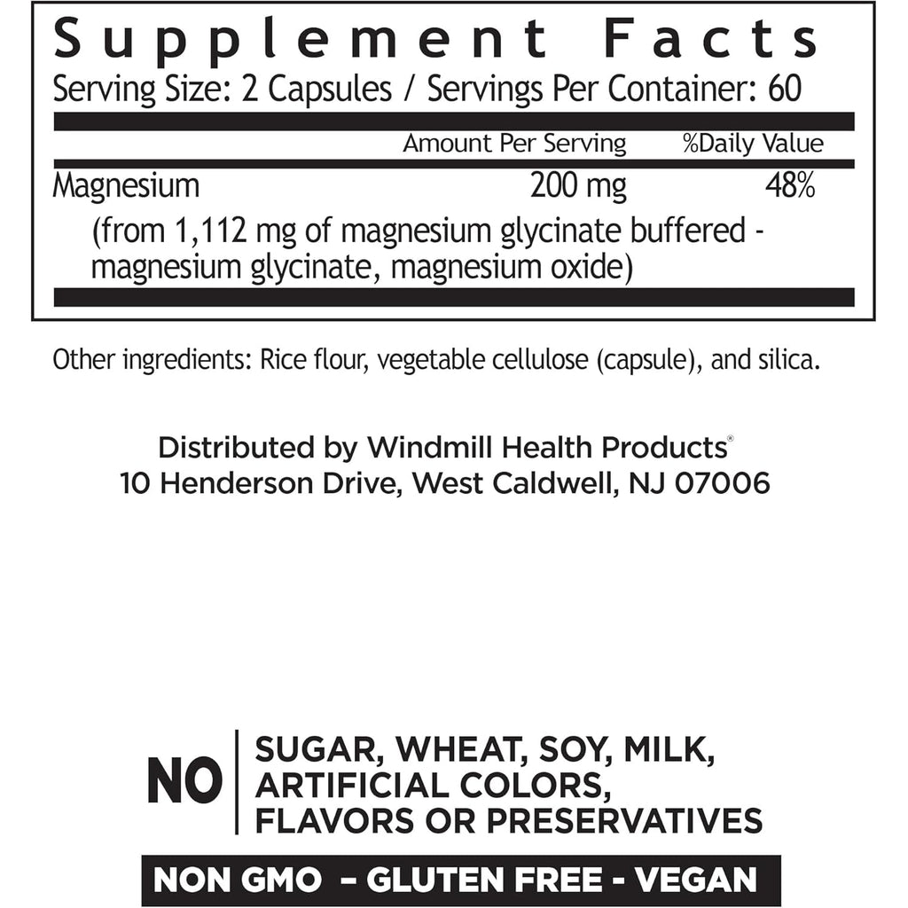 Windmill Natural Vitamins Magnesium Glycinate 200 Mg, Supports Muscle, Joint, and Heart Health, Energy and Bone Support, Veggie Capsules, Gluten Free, Vegan, Non-Gmo, 120 Capsules