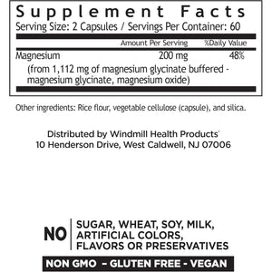 Windmill Natural Vitamins Magnesium Glycinate 200 Mg, Supports Muscle, Joint, and Heart Health, Energy and Bone Support, Veggie Capsules, Gluten Free, Vegan, Non-Gmo, 120 Capsules