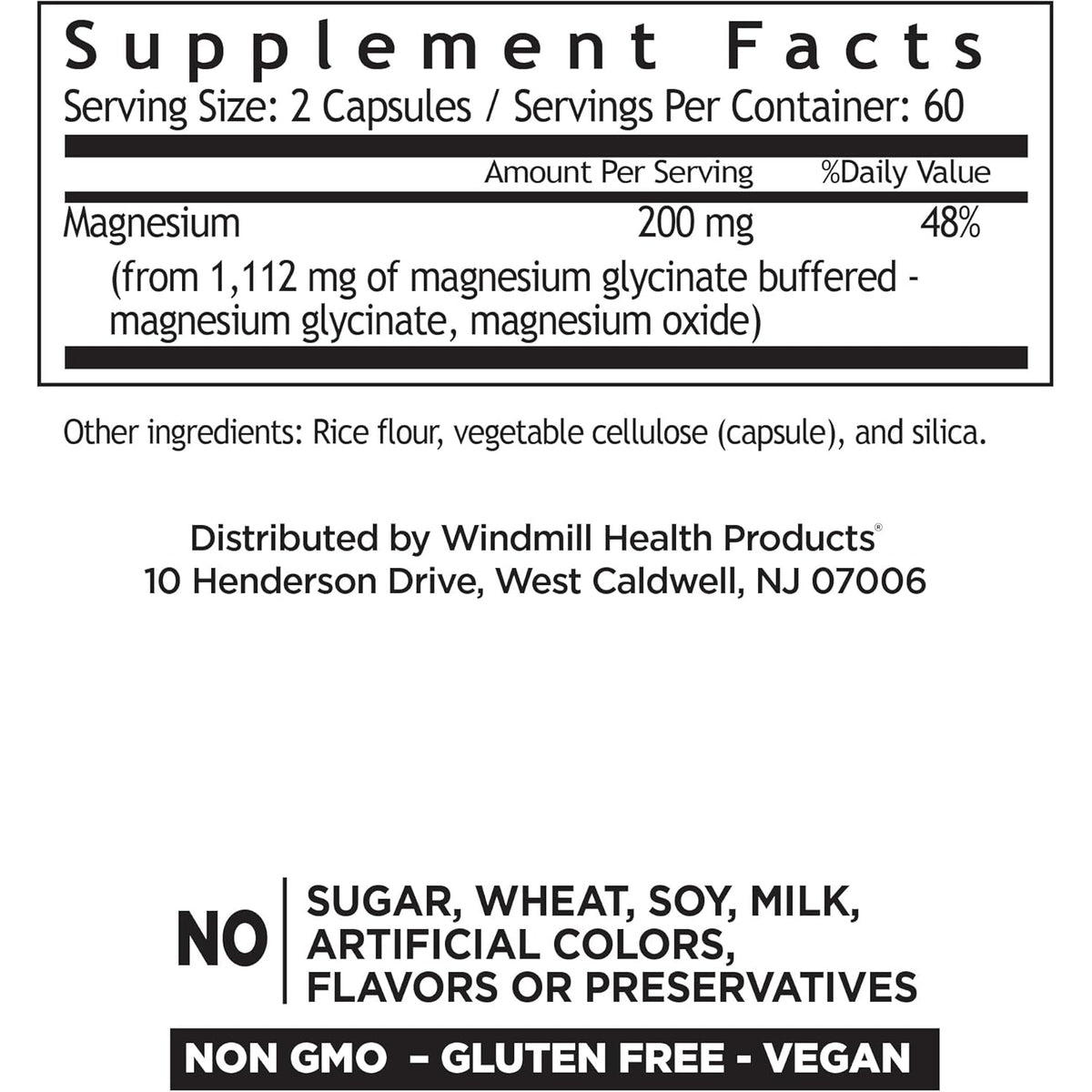 Windmill Natural Vitamins Magnesium Glycinate 200 Mg, Supports Muscle, Joint, and Heart Health, Energy and Bone Support, Veggie Capsules, Gluten Free, Vegan, Non-Gmo, 120 Capsules