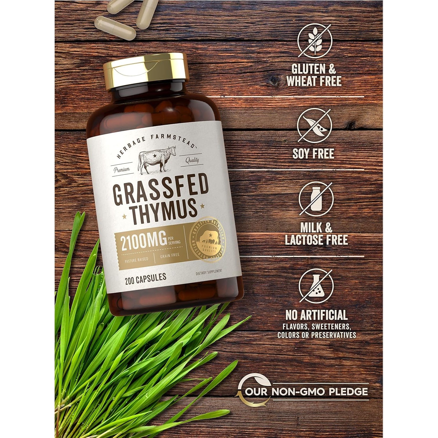 Carlyle Grass Fed Beef Thymus | 2100Mg | 200 Capsules | Bovine Supplement | Pasture Raised, Non-Gmo, Gluten Free | by Herbage Farmstead