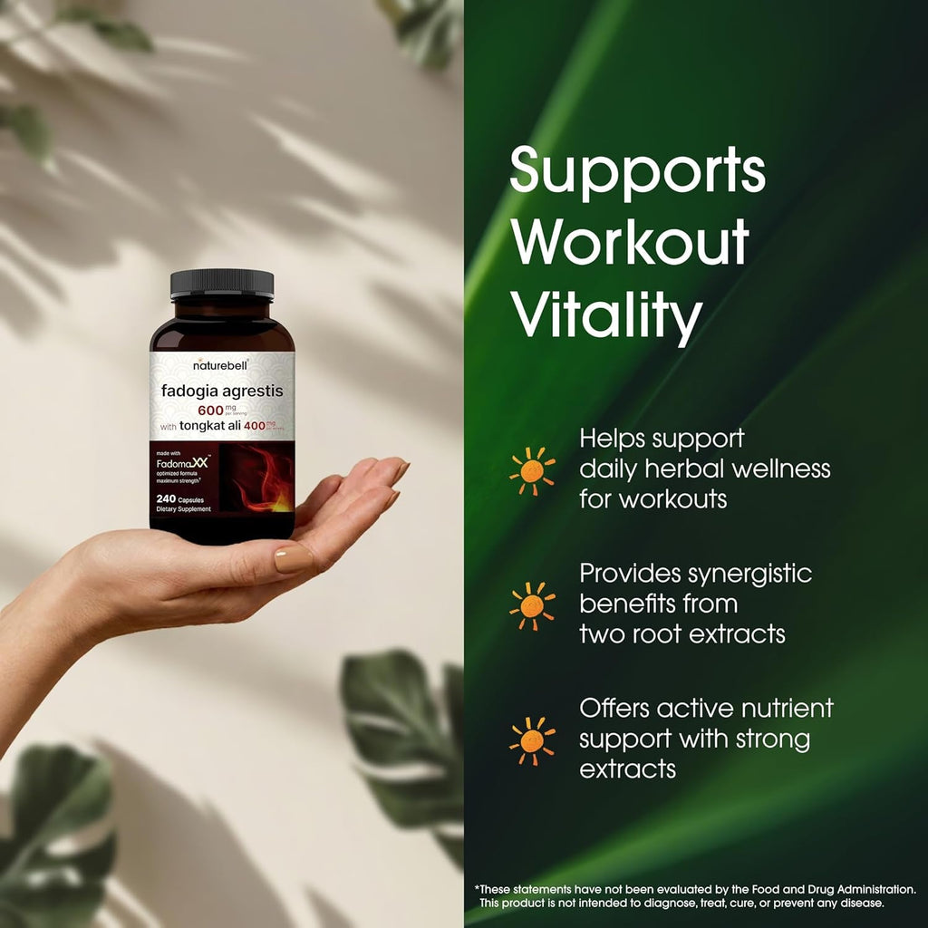Naturebell Fadogia Agrestis 600Mg & Tongkat Ali 400Mg - 240 Capsules (4-Month Supply) - High-Potency Supplement for Energy, Vitality & Workout Support - Non-Gmo, Gluten-Free - 3Rd Party Tested