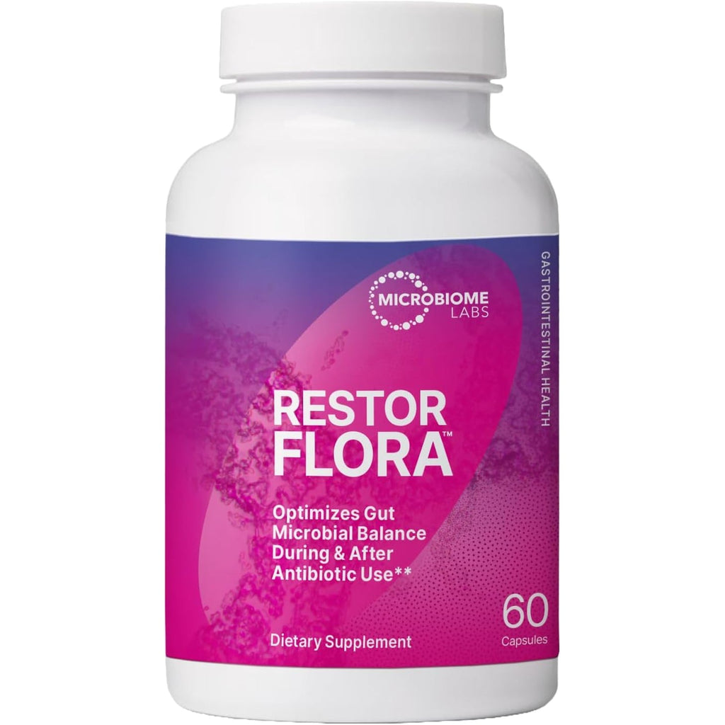 Microbiome Labs Restorflora Probiotics for Digestive Health - Gut Health Supplements with Dual Action Probiotics for Women & Men - Support Bowel Regularity & Immune Function (60 Capsules)