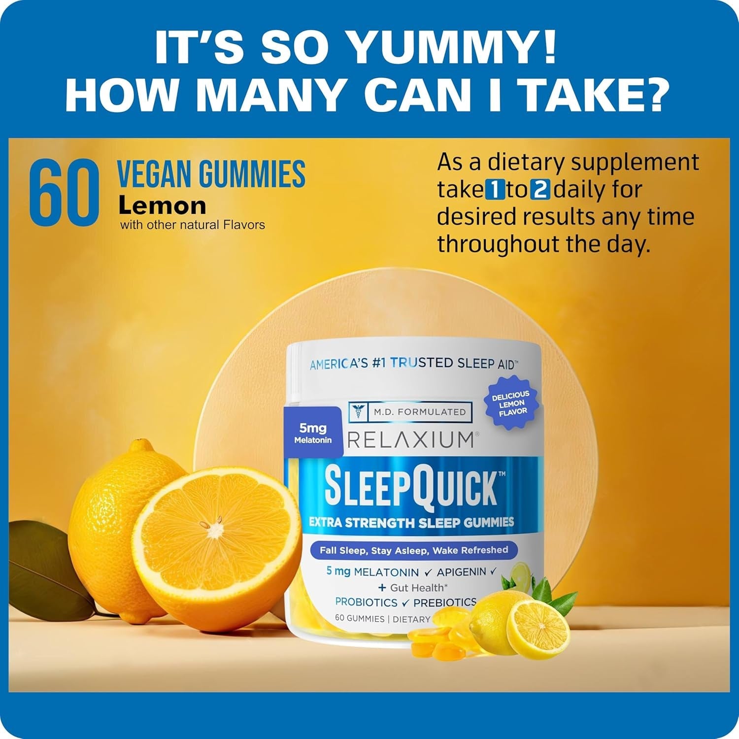 Relaxium Sleepquick Gummies - Sleep Aid + Gut Health & Immune Support, 5 Mg Melatonin, Vitamin D-3 + Prebiotic & Probiotic Blend, Gluten & Drug Free, Lemon Flavor, 60 Gummies