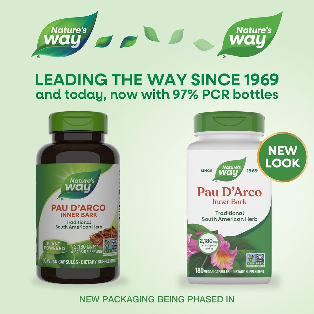 Nature'S Way PAU D'Arco Inner Bark, Traditional South American Herb, 2,180 Mg per 4-Capsule Serving, Non-Gmo Project Verified, 180 Capsules (Packaging May Vary)