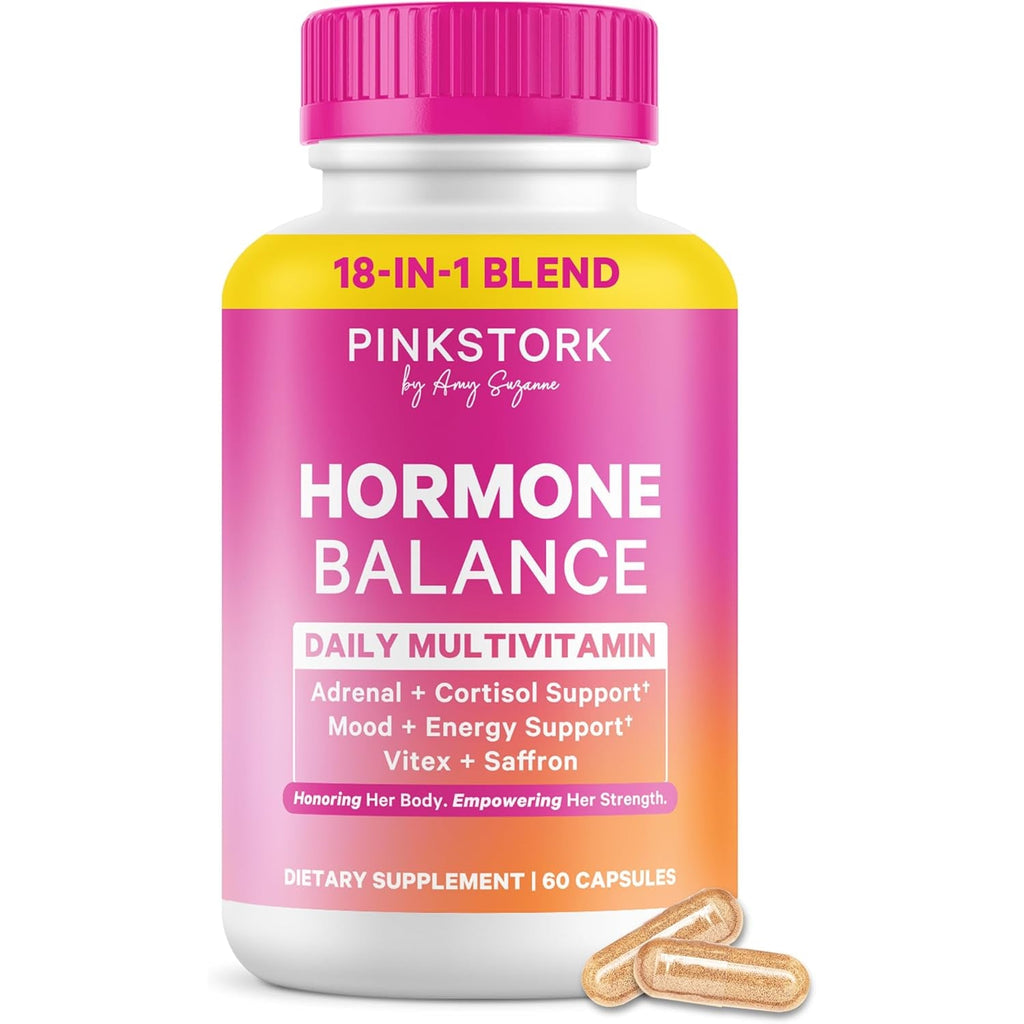 Pink Stork Hormone Balance Multivitamin for Women | 18-In-1 Vitex, Saffron, Ashwagandha, Magnesium | Mood, Energy, Cortisol, Adrenal Support | PMS, Perimenopause Support | 60 Vegan Capsules