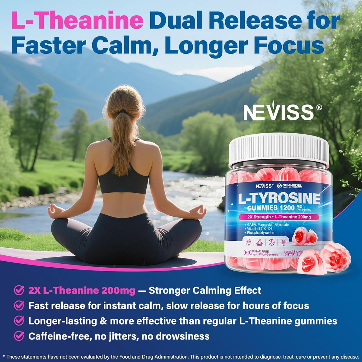 L Tyrosine Gummies Supplement 1200Mg, GABA L-Theanine Supplement 200Mg with Magnesium Glycinate Vitamin B6, D3 & C - Calm & Focus Gummies - Brain Supplements for Memory, Mood & Relax for Adults, 60Cts