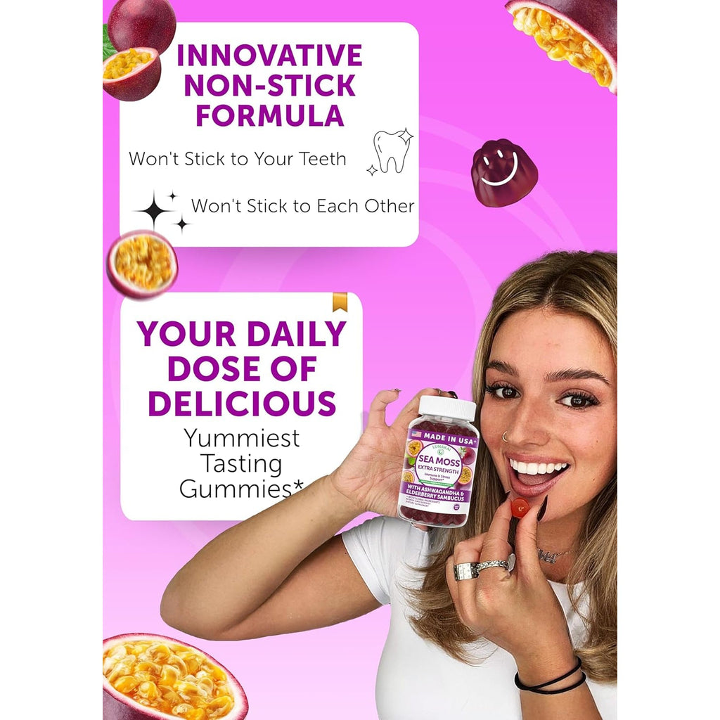 Lunakai USA Made Irish Sea Moss Gummies with Ashwagandha & Elderberry – Delicious Daily Immune & Stress Support Supplement for Men & Women, 60Ct
