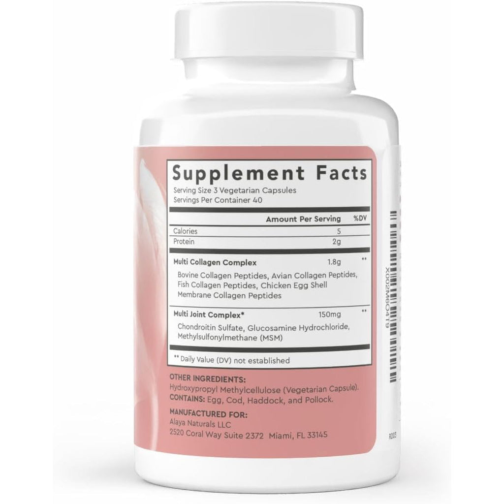 Alaya Naturals Hydrolyzed Multi Collagen Peptides Protein Capsules - Type I, II, III, V, X Grass-Fed Bovine, Chicken, Marine Collagen Supplement with MSM + GC (Capsules - 120 Count)