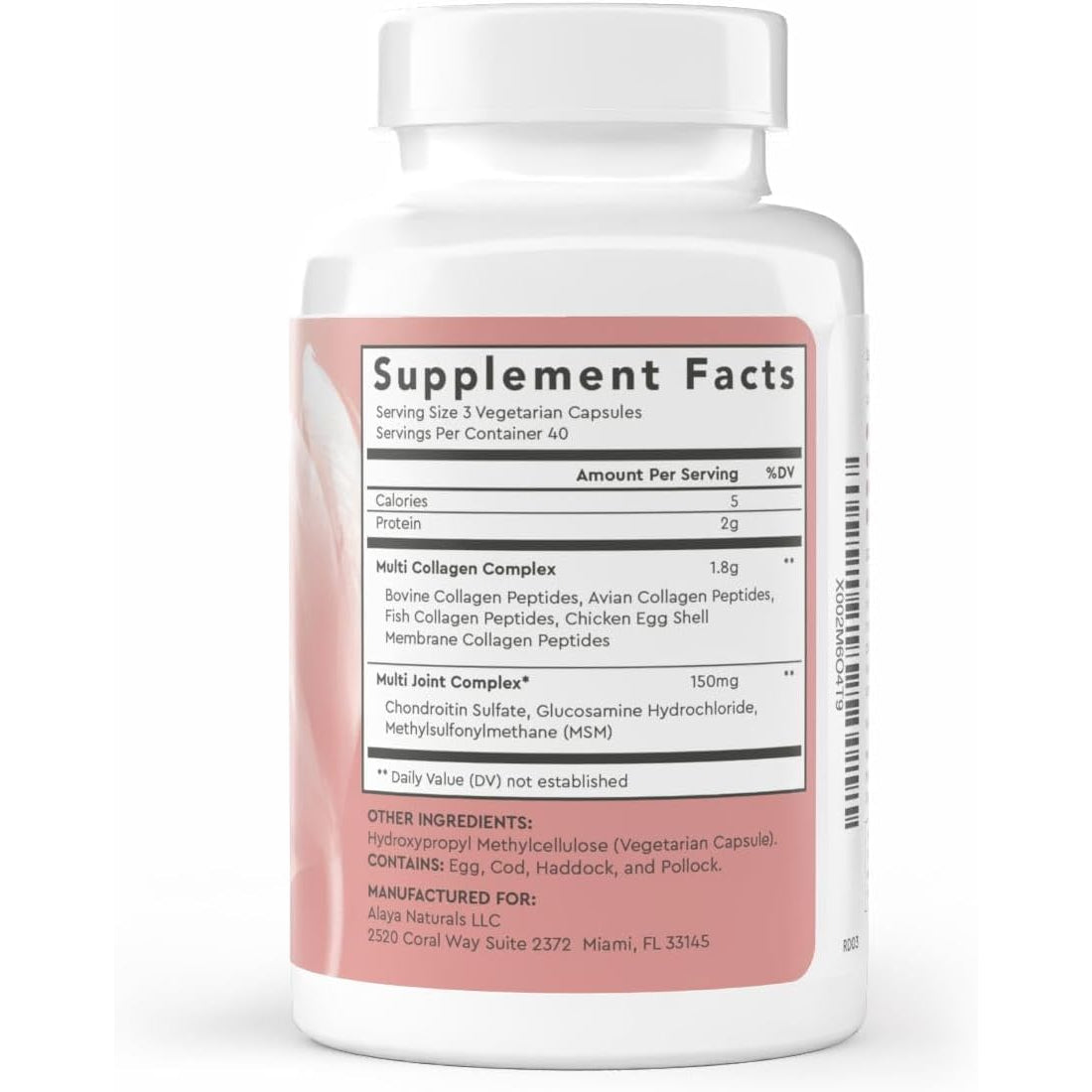 Alaya Naturals Hydrolyzed Multi Collagen Peptides Protein Capsules - Type I, II, III, V, X Grass-Fed Bovine, Chicken, Marine Collagen Supplement with MSM + GC (Capsules - 120 Count)