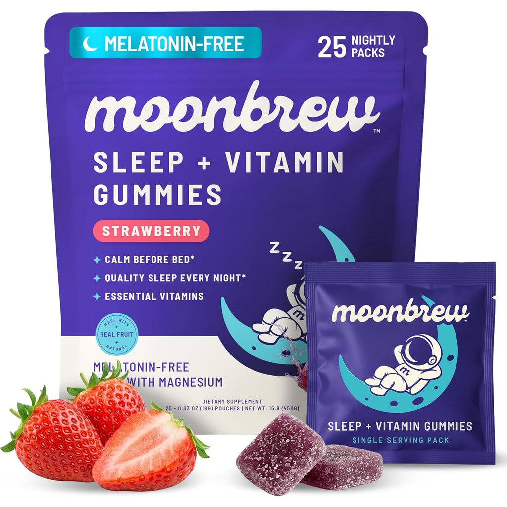 Moonbrew Natural Sleep & Vitamin Gummies for Adults - Melatonin-Free Sleep Aid Gummy with Magnesium (Glycinate & Taurinate), L-Theanine & 8 Essential Vitamins, 17 Real Fruits - Vegan & Gluten-Free