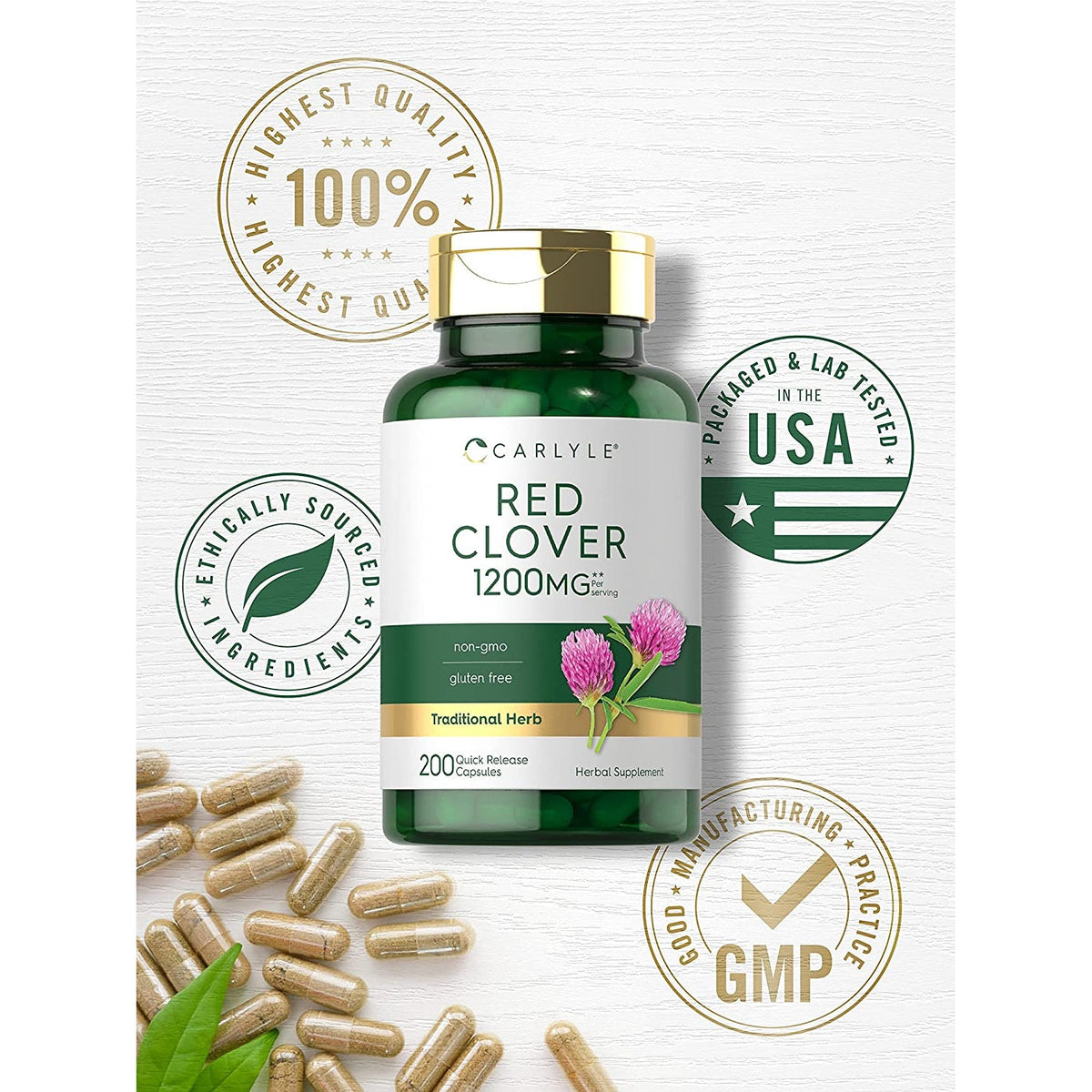 Carlyle Red Clover Capsules | 200 Count | Trifolium Pratense | Red Clover Blossom Extract Supplement | Non-Gmo, Gluten Free