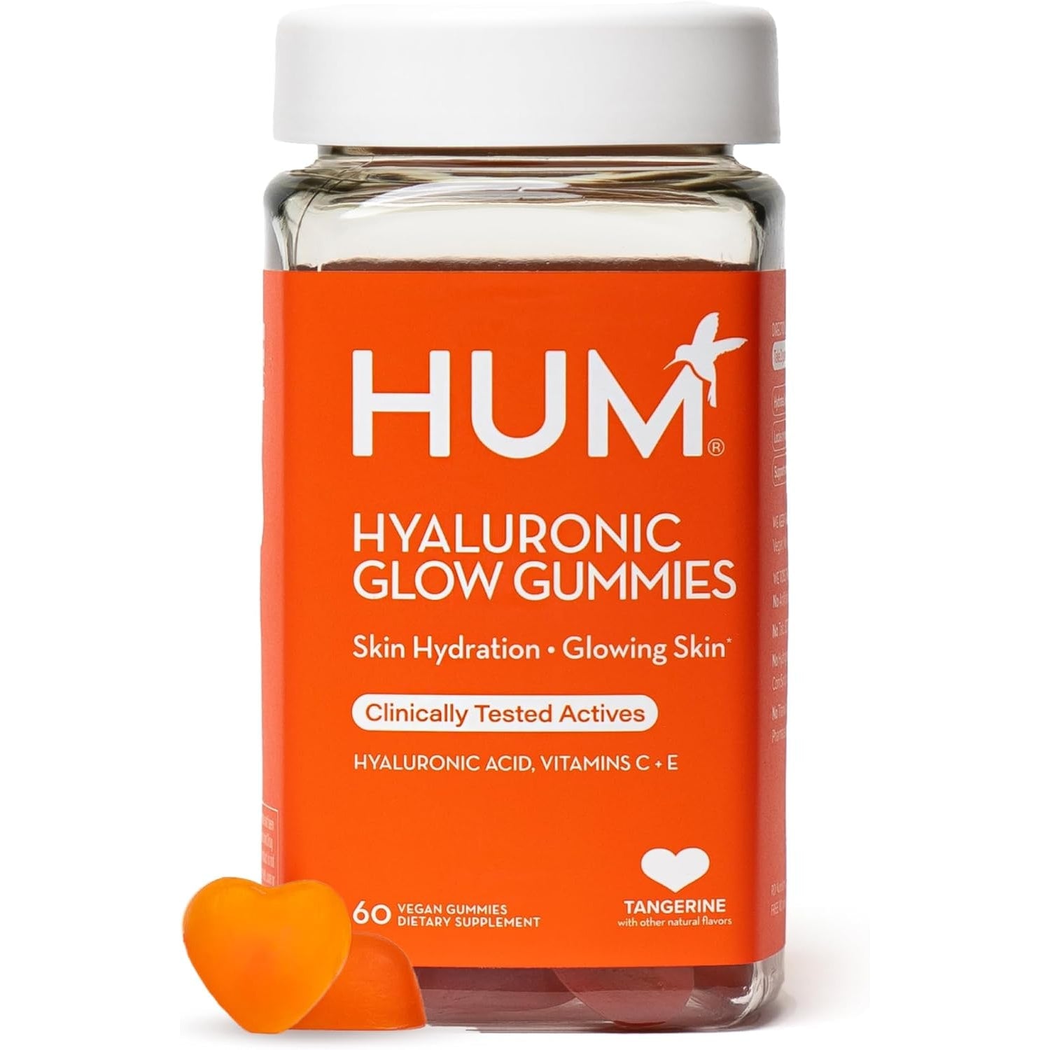 HUM Hyaluronic Glow Hydrating Skin Care Supplement, with Low Molecular Hyaluronic Acid, Vitamin C from Amla Fruit, and Vitamin E, Antioxidant Support for Skin Hydration, Tangerine, 60 Vegan Gummies
