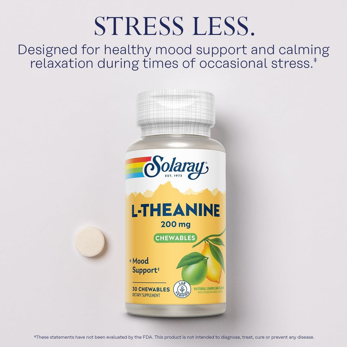 SOLARAY L Theanine 200Mg, Mood Support Supplement with Vitamin B6 - Calming Support during Occasional Stress - Natural Lemon Lime Flavor - 60-Day Guarantee, Lab Verified - 30 Servings, 30 Chewables