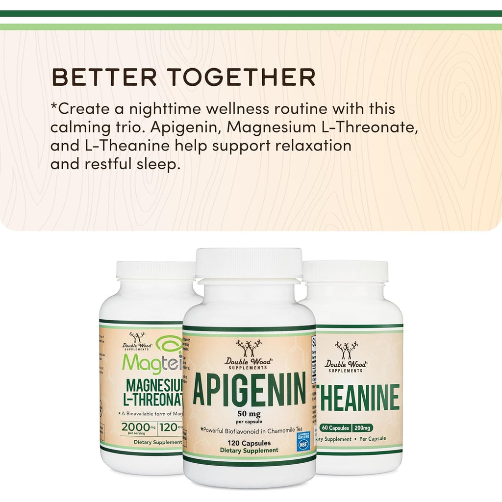 Apigenin Supplement - 50Mg per Capsule, 120 Count (Powerful Bioflavonoid Found in Chamomile Tea for Relaxation, Sleep, and Mood) Senolytic Flavonols for Aging (Gluten Free) by Double Wood