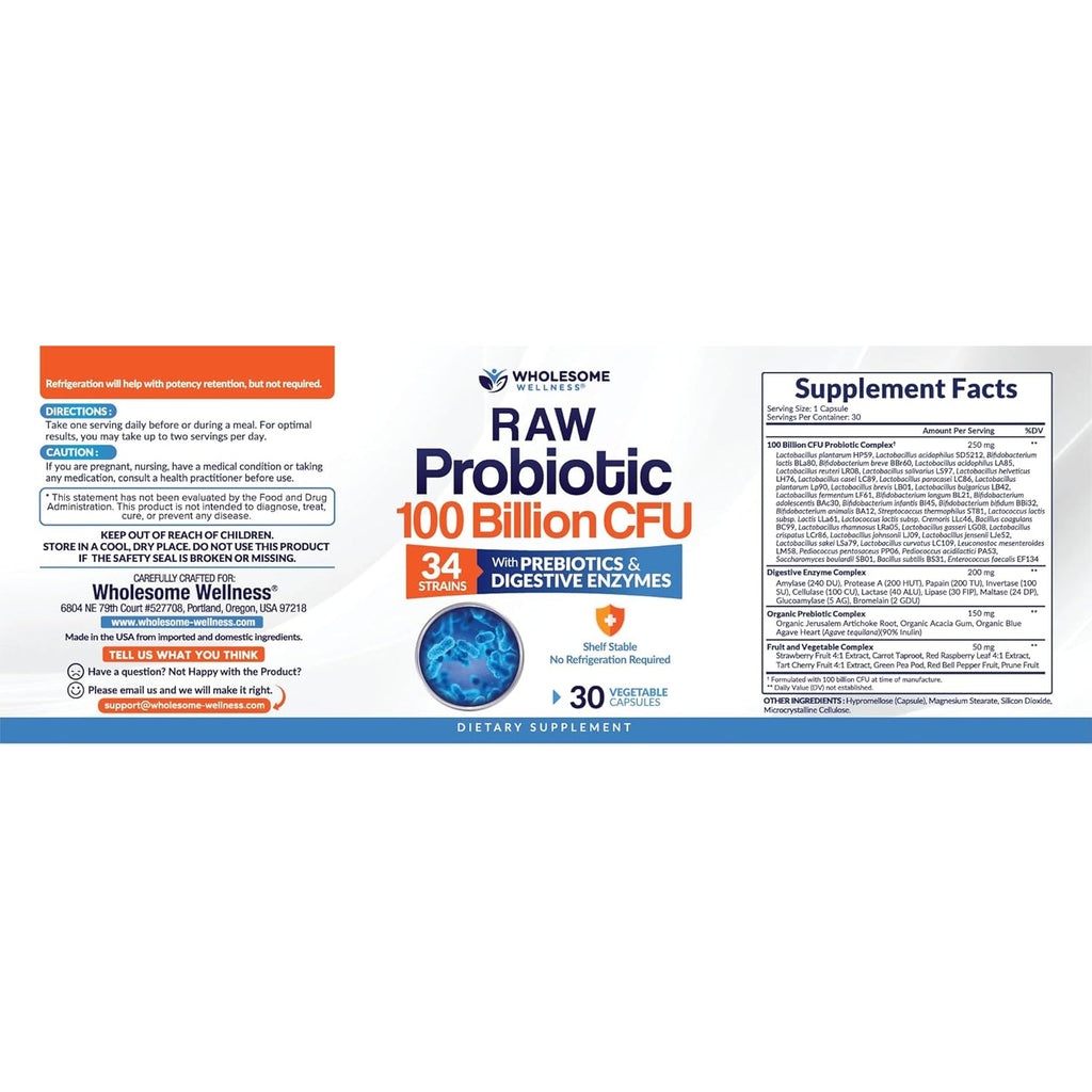 Wholesome Wellness Organic Raw Probiotics 100 Billion CFU, Dr Formulated for Women and Men, Complete Adult Supplement with Prebiotics and Digestive Enzymes; 30 Capsules, Shelf Stable