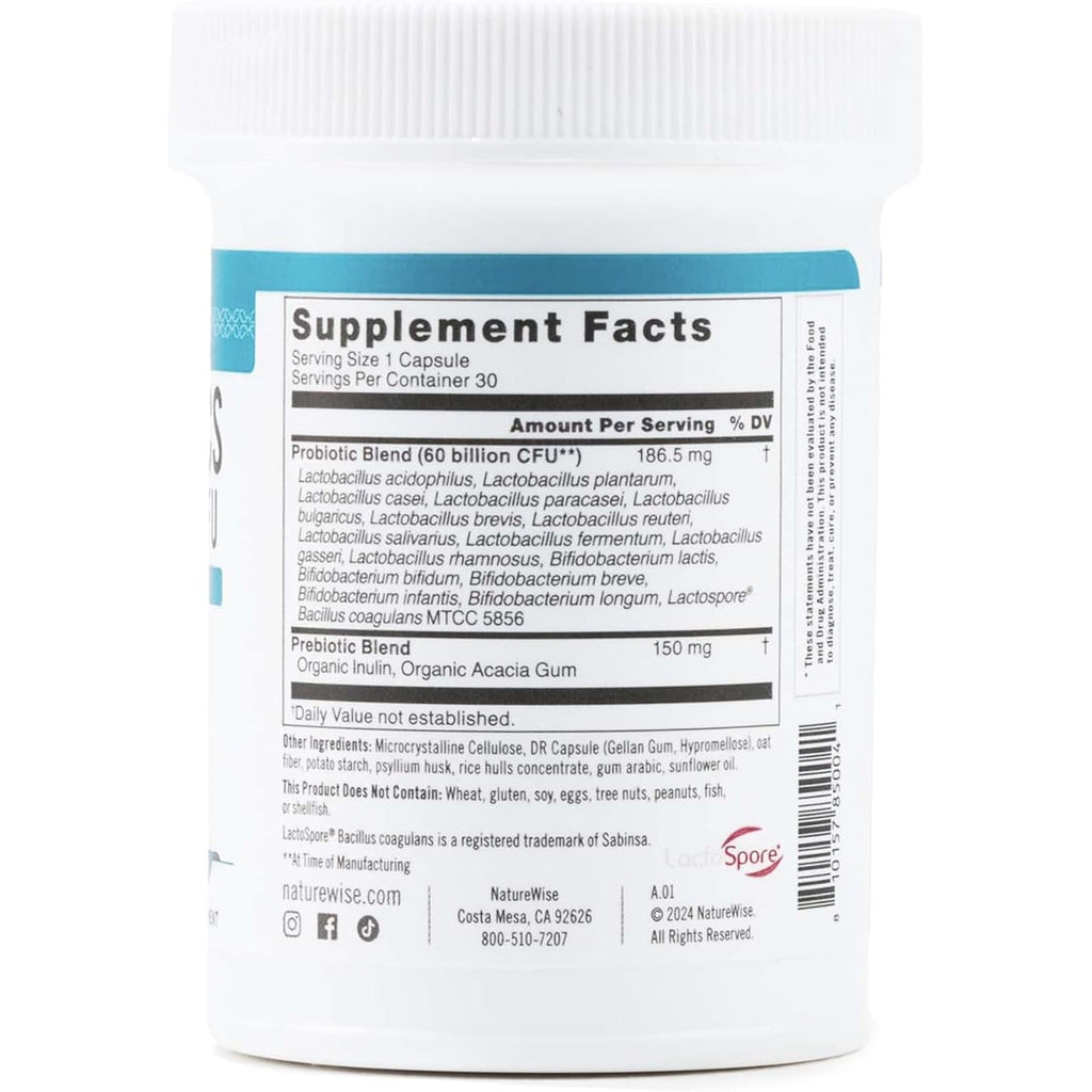 Naturewise Probiotics 60 Billion CFU - 17 Strains + Organic Prebiotics - Immune, Digestive & Gut Health Support for Women & Men - Vegetarian, Gluten-Free, Non-Gmo - 30 Capsules[1-Month Supply]