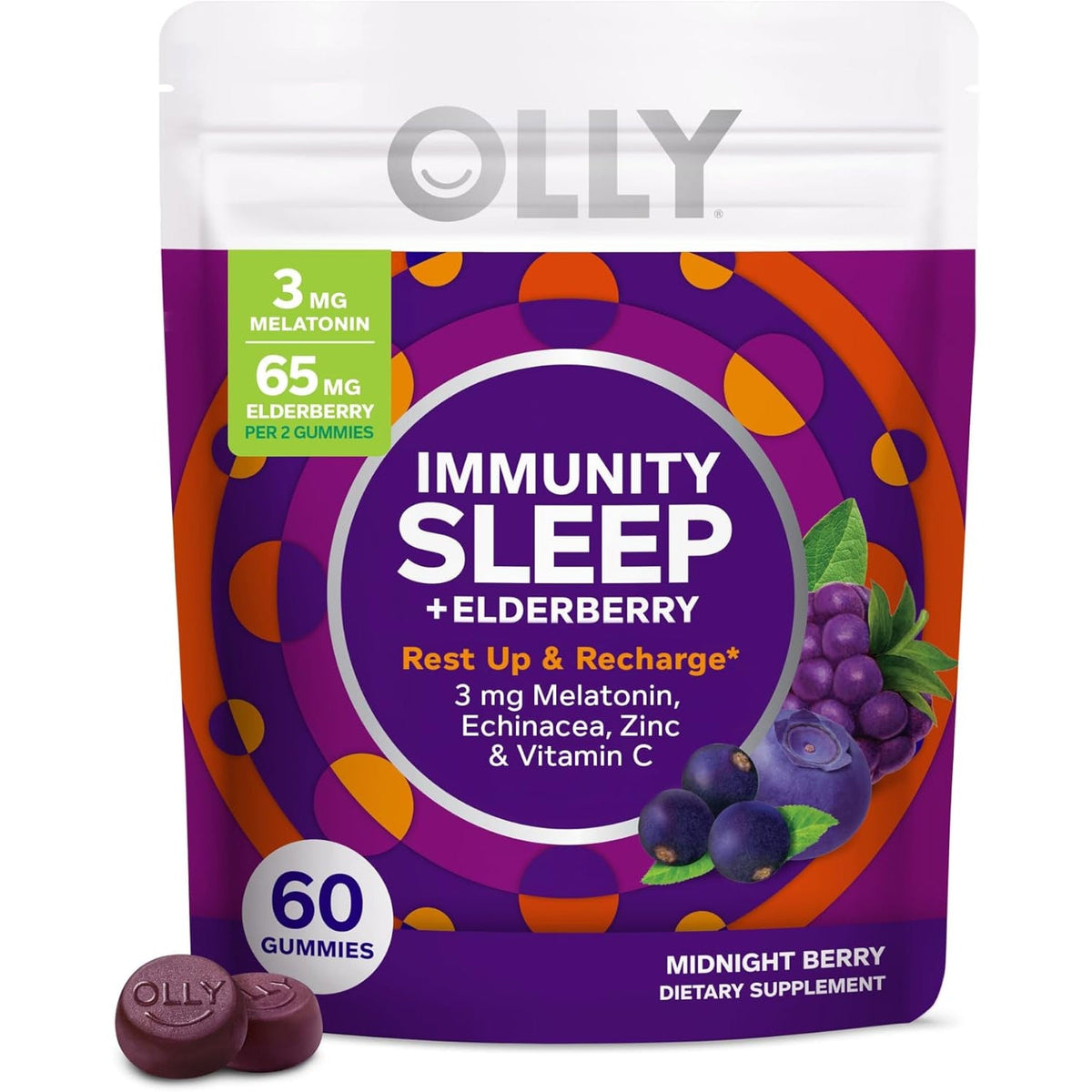 OLLY Immunity Sleep Gummy, Immune and Sleep Support, 3Mg Melatonin, Echinacea, Zinc, Vitamin C, Chewable Supplement, Berry - 60 Count