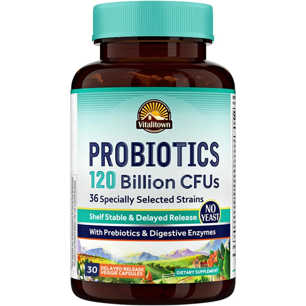 VITALITOWN Probiotics 120 Billion Cfus | 36 Strains, with Prebiotics & Digestive Enzymes for Men Women | Shelf Stable | Digestive Health & Immune Support | Vegan, Non-Gmo | 30 Delayed Release Veg Caps