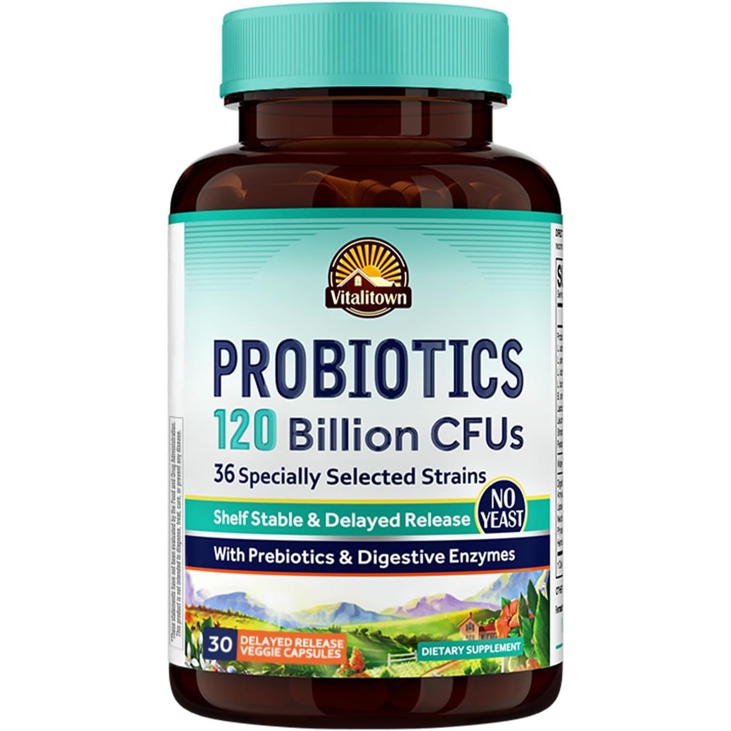 VITALITOWN Probiotics 120 Billion Cfus | 36 Strains, with Prebiotics & Digestive Enzymes for Men Women | Shelf Stable | Digestive Health & Immune Support | Vegan, Non-Gmo | 30 Delayed Release Veg Caps