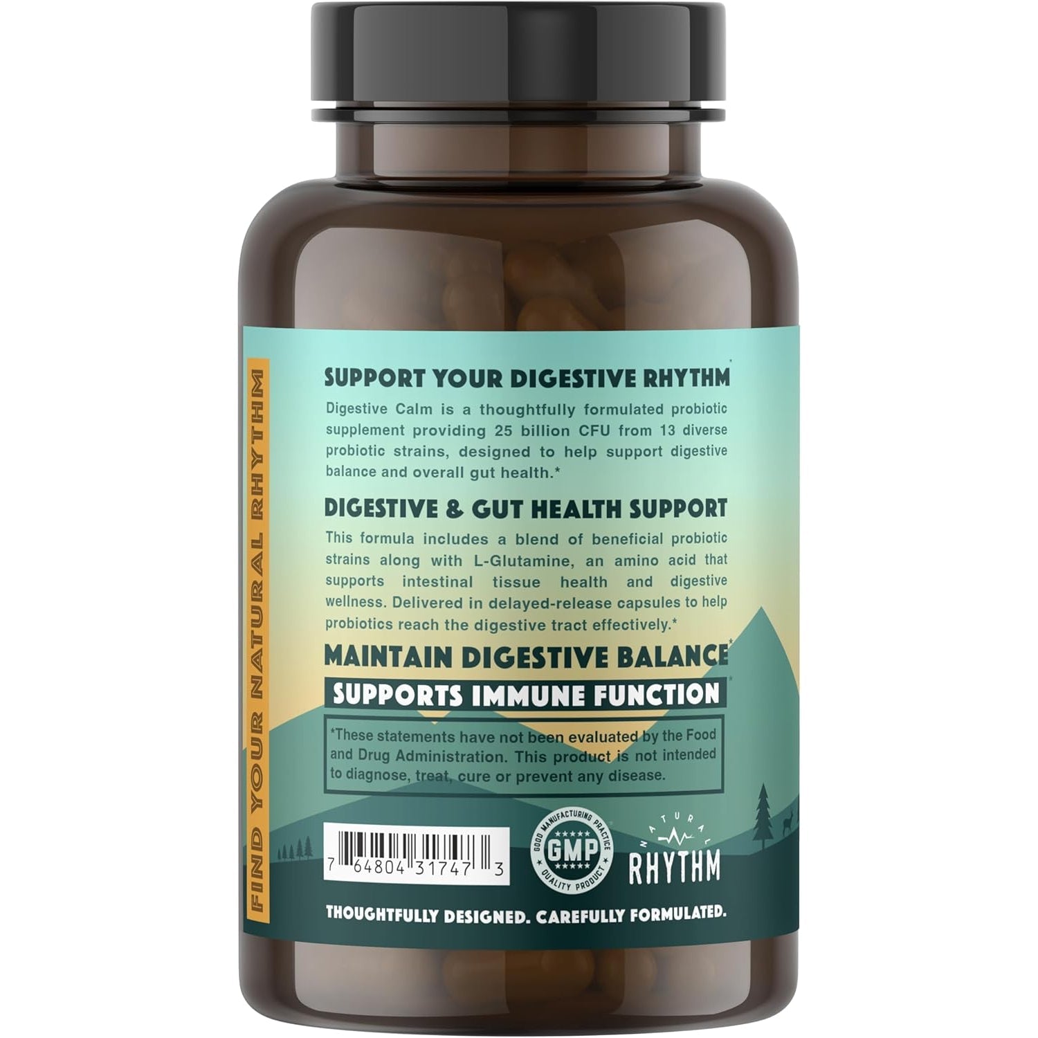 Natural Rhythm Digestive Calm Probiotic + L-Glutamine – 25 Billion CFU, 13 Strains, Digestive & Immune Support Supplement, Vegetarian Capsules (60 Count)