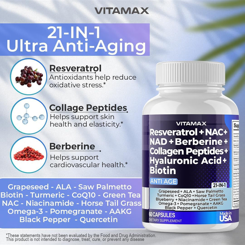 Resveratrol NAD+ Berberine Hyaluronic Acid - Biotin Grape & Blueberry + NAC - Collagen Peptides - Hair, Nail, Skin & Joint Supplement - 21-In-1 Women and Men - Made in USA (60 Count (Pack of 1)