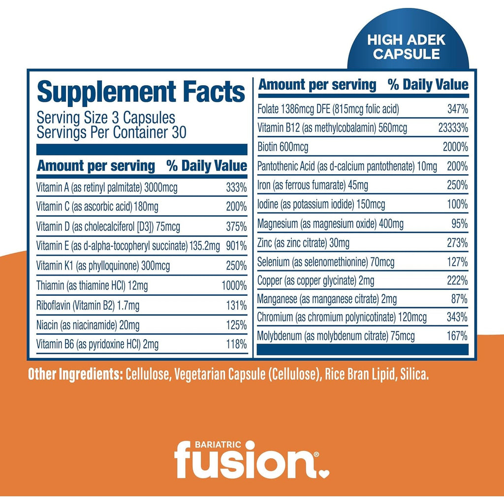 Bariatric Fusion High ADEK Multivitamin with Iron | Bariatric Multivitamin for Duodenal Switch | Easy to Swallow ADEK Vitamins Bariatric | 90 Capsules | One Month Supply