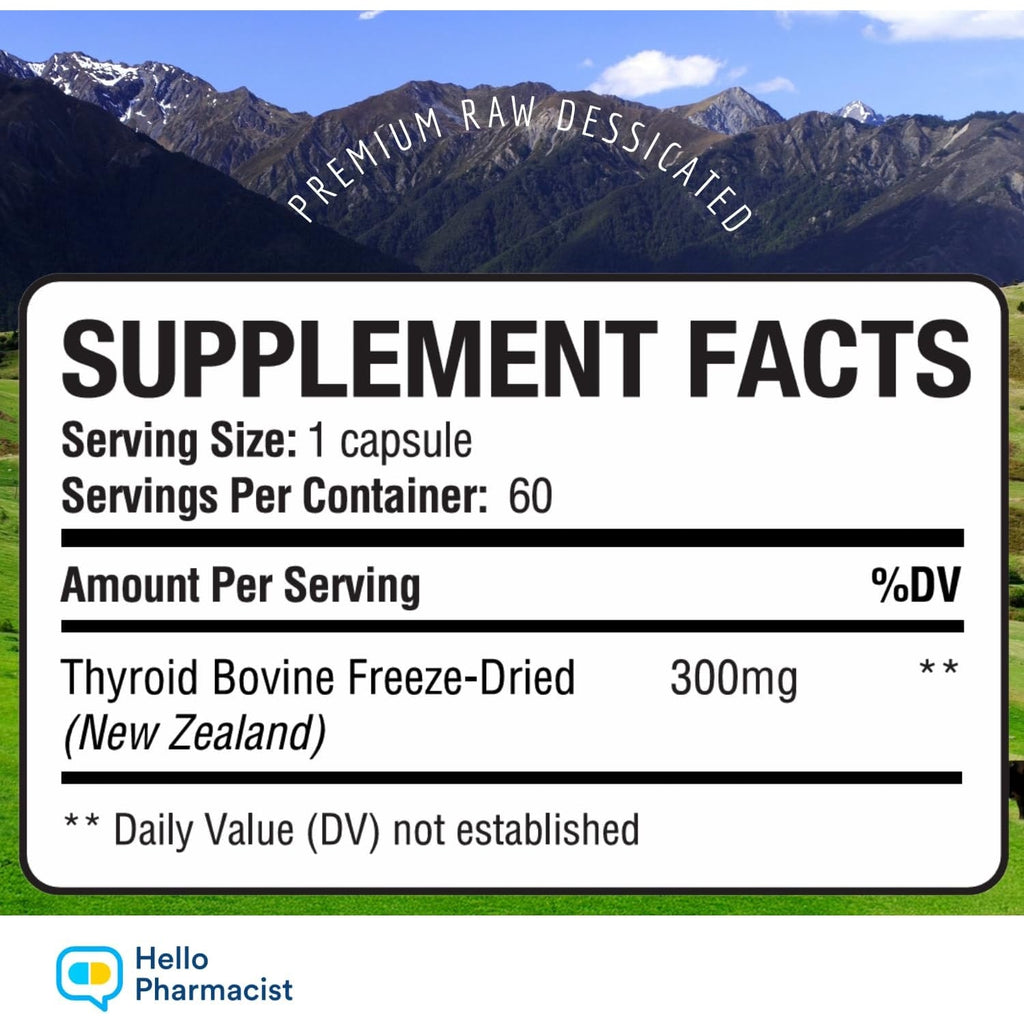 Raw Desiccated Bovine Thyroid 300Mg per Capsule - Energy & Metabolism Support - New Zealand Sourced, Grass Fed Freeze-Dried Glandular Bovine Beef Thyroid, Non-Gmo, Tested for Impurities - 60 Capsules