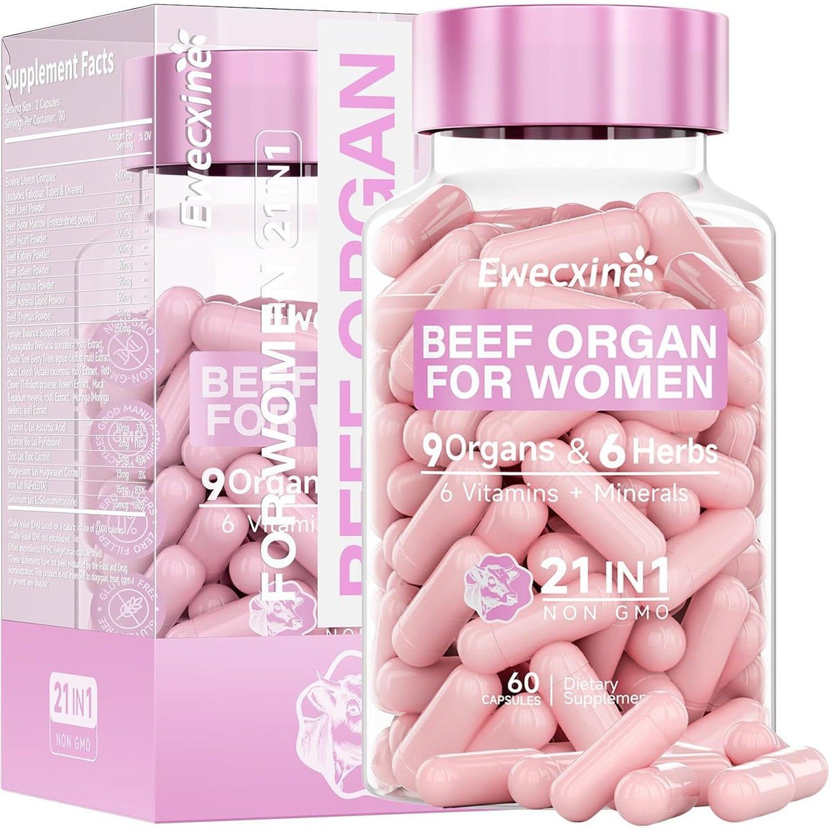 Beef Organ Supplement for Women | 9-Organ Formula with Herbal Support, Liver, Uterus, Ovary, Heart & Kidney for Feminine Balance & Energy | New Zealand Grass-Fed | 60 Capsules