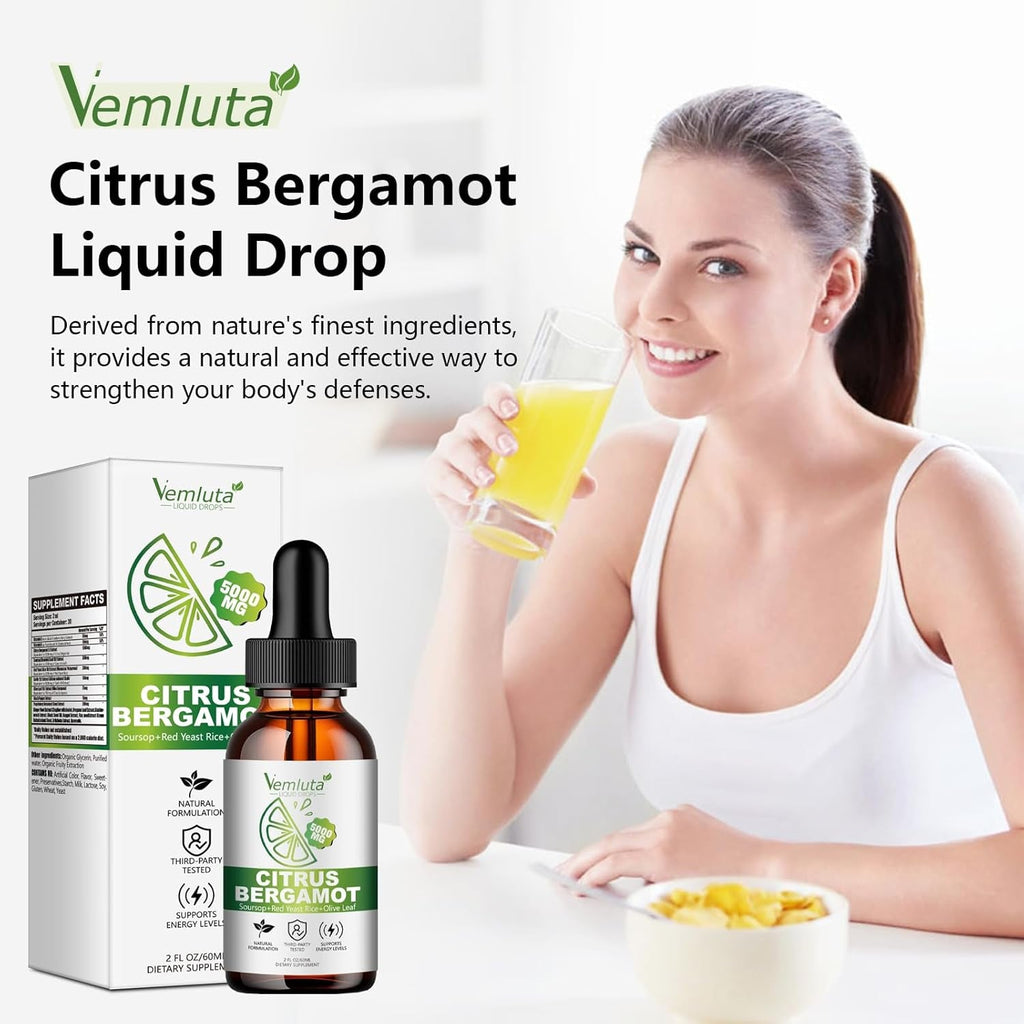 2 Packs 5000Mg Citrus Bergamot Liquid Drops-2X Absorption- Cholesterol Lowering Supplement W Soursop, Red Yeast Rice, Olive Leaf, Hight Cholesterol -Soursop Bitters Liquid-Heart & Immune Support