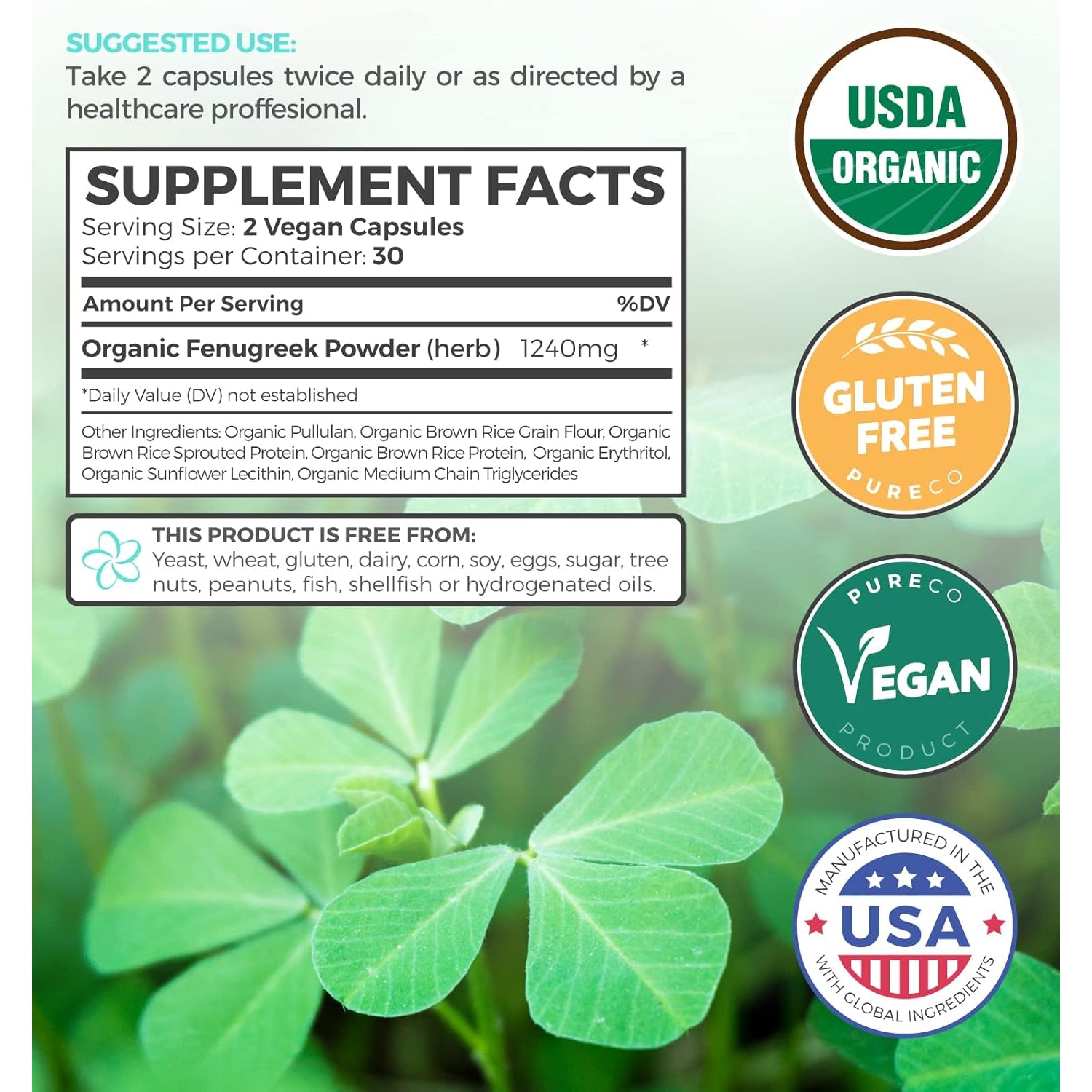 USDA Organic Fenugreek Capsules for Women - Effective Lactation Supplement for Increased Breast Milk Supply - Herbal Breastfeeding Support for Mothers - Gluten Free - 60 Vegan Capsules (No Pills)