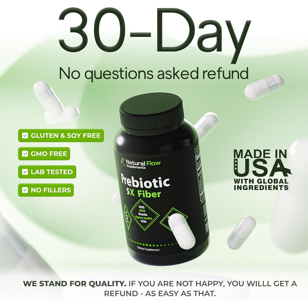 Prebiotic Fiber Supplement 5-In-1 Capsules - Natural Flow 5X Fiber XOS, GOS, FOS, Acacia and Agave Inulin, Daily Soluble Fiber Formula for Gut Support and Boost Good Bacteria Diversity, 120 Caps