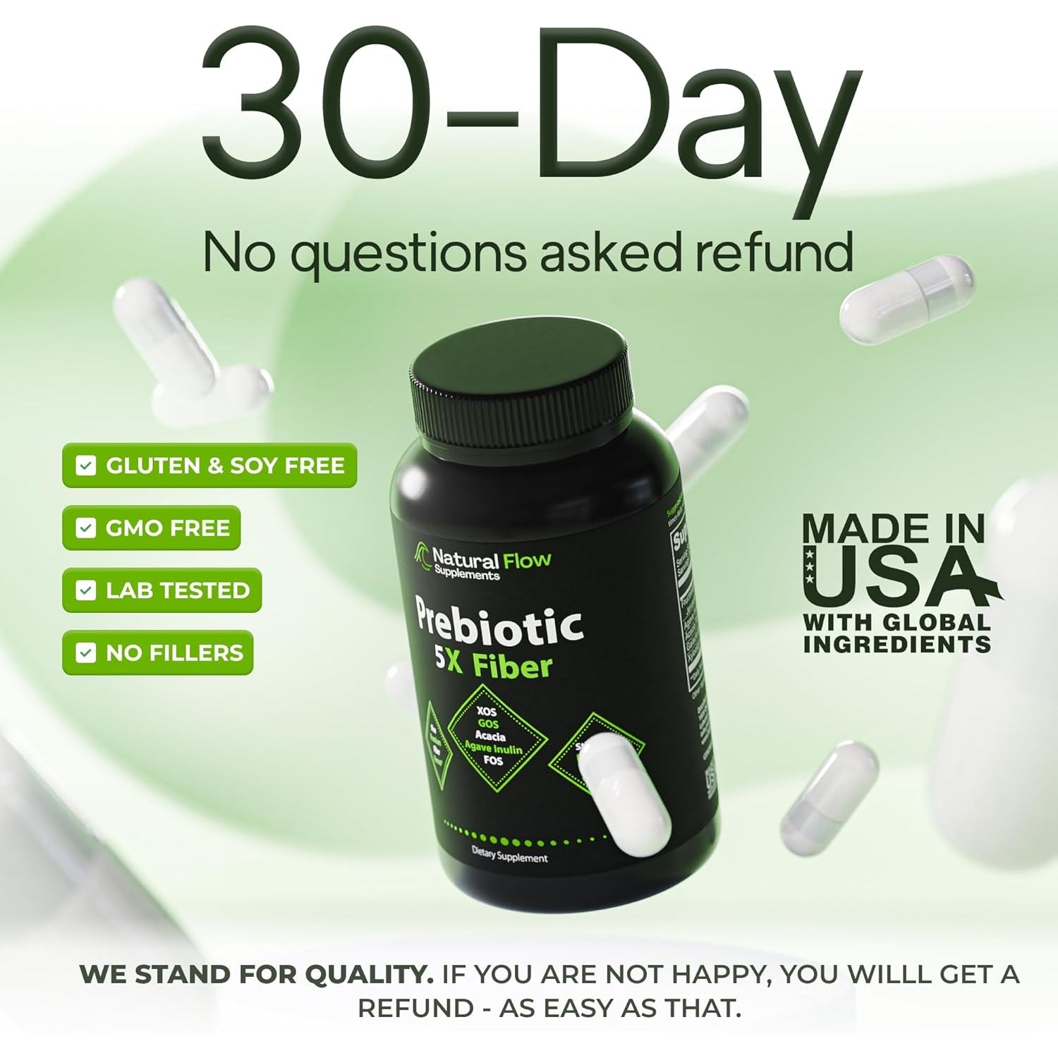 Prebiotic Fiber Supplement 5-In-1 Capsules - Natural Flow 5X Fiber XOS, GOS, FOS, Acacia and Agave Inulin, Daily Soluble Fiber Formula for Gut Support and Boost Good Bacteria Diversity, 120 Caps