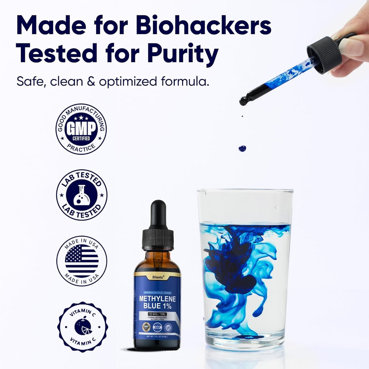 USP Pharmaceutical Grade Methylene Blue 1% Solution – Third-Party Lab Tested, Formaldehyde-Free, Heavy Metal Free –Nootropic - Cognitive Support, Brain Health, Energy & Focus Drops – 30Ml