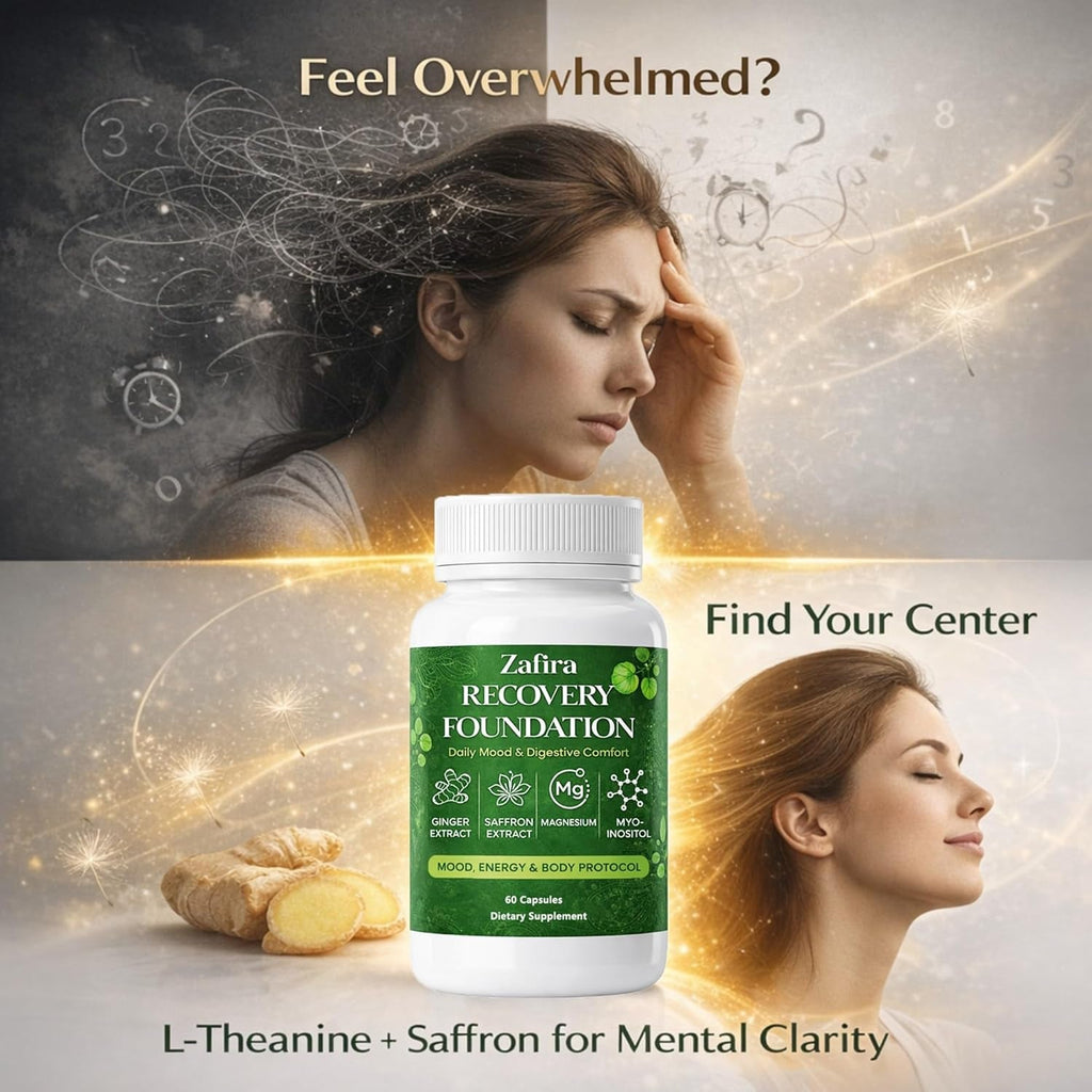 Zafira Recovery Foundation Capsules – Mental Clarity, Hair & Mood Support, Natural Herbal Formula with Saffron Extract, Ginger Extract, L-Theanine, Myo-Inositol, Non-Gmo, 60 Capsules