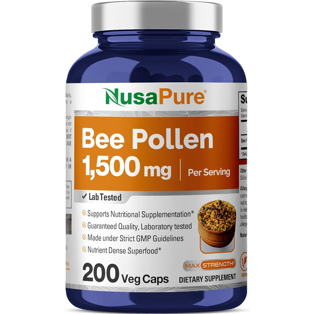 Nusapure Bee Pollen 1500Mg 200 Veggie Caps (100% Vegetarian, Non-Gmo, Vegan) Naturally Occurring Proteins, Aminoacids