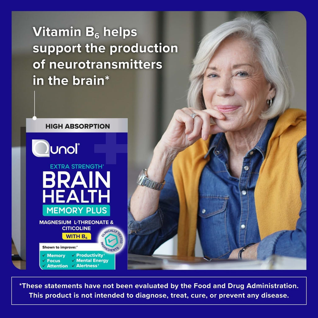 Qunol Brain Health Memory plus with B6, Magnesium L-Threonate & Citicoline, Clinically Tested Ingredients to Improve Memory, Focus, Attention and Productivity, 90 Count