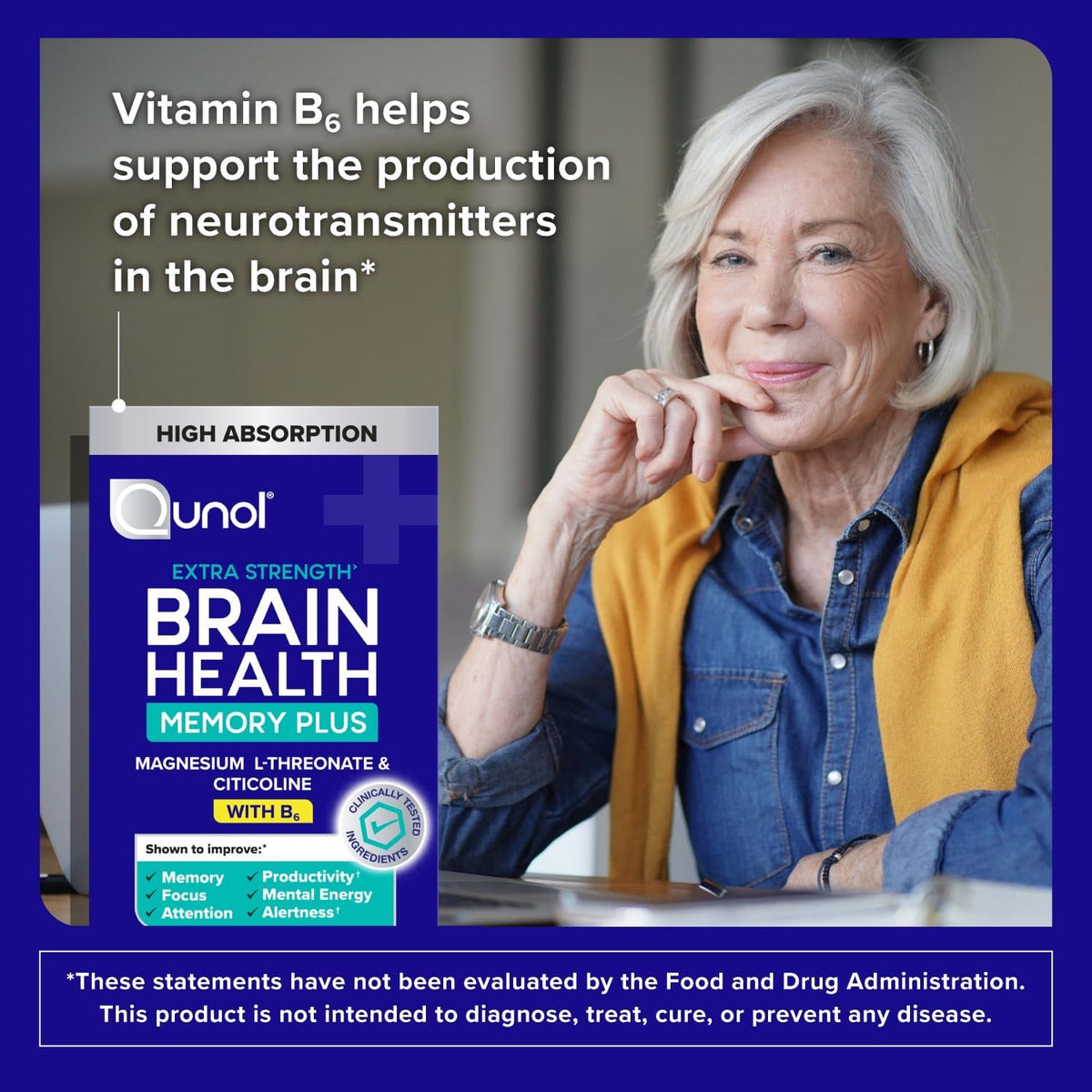 Qunol Brain Health Memory plus with B6, Magnesium L-Threonate & Citicoline, Clinically Tested Ingredients to Improve Memory, Focus, Attention and Productivity, 90 Count