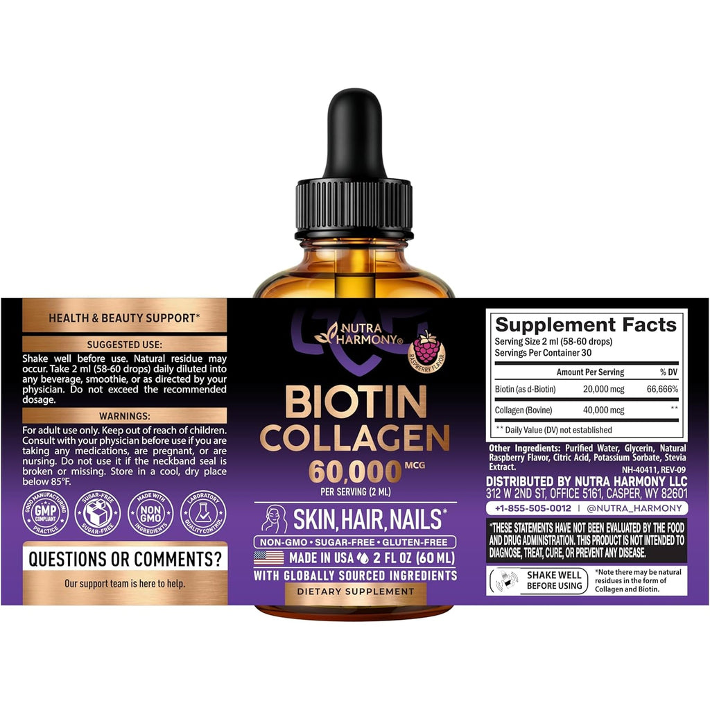 Liquid Biotin & Collagen 60,000 Mcg - Vitamins for Hair Growth Support - Extra Strength Drops for Women & Men - Liquid Collagen Supplement - Strong Nails & Healthy Skin - Raspberry Flavor, 2 Fl Oz
