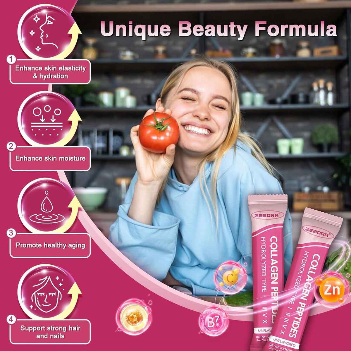 ZEBORA Multi Collagen Peptides Powder Packets with Hyaluronic Acid, Biotin, MCT - Hydrolyzed Collagen with 5 Billion Probiotics - Support Skin Hair Nail & Gut Health - 30 Stick Packs